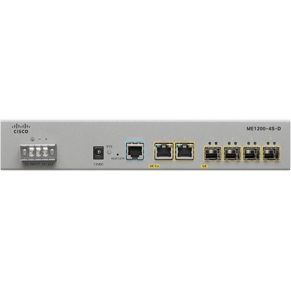 Cisco ME1200 Ethernet Access device with DC power - 2 Ports - Management Port - 4 - Gigabit Ethernet - 1U - Rack-mountable, Wall Mountable - 90 Day