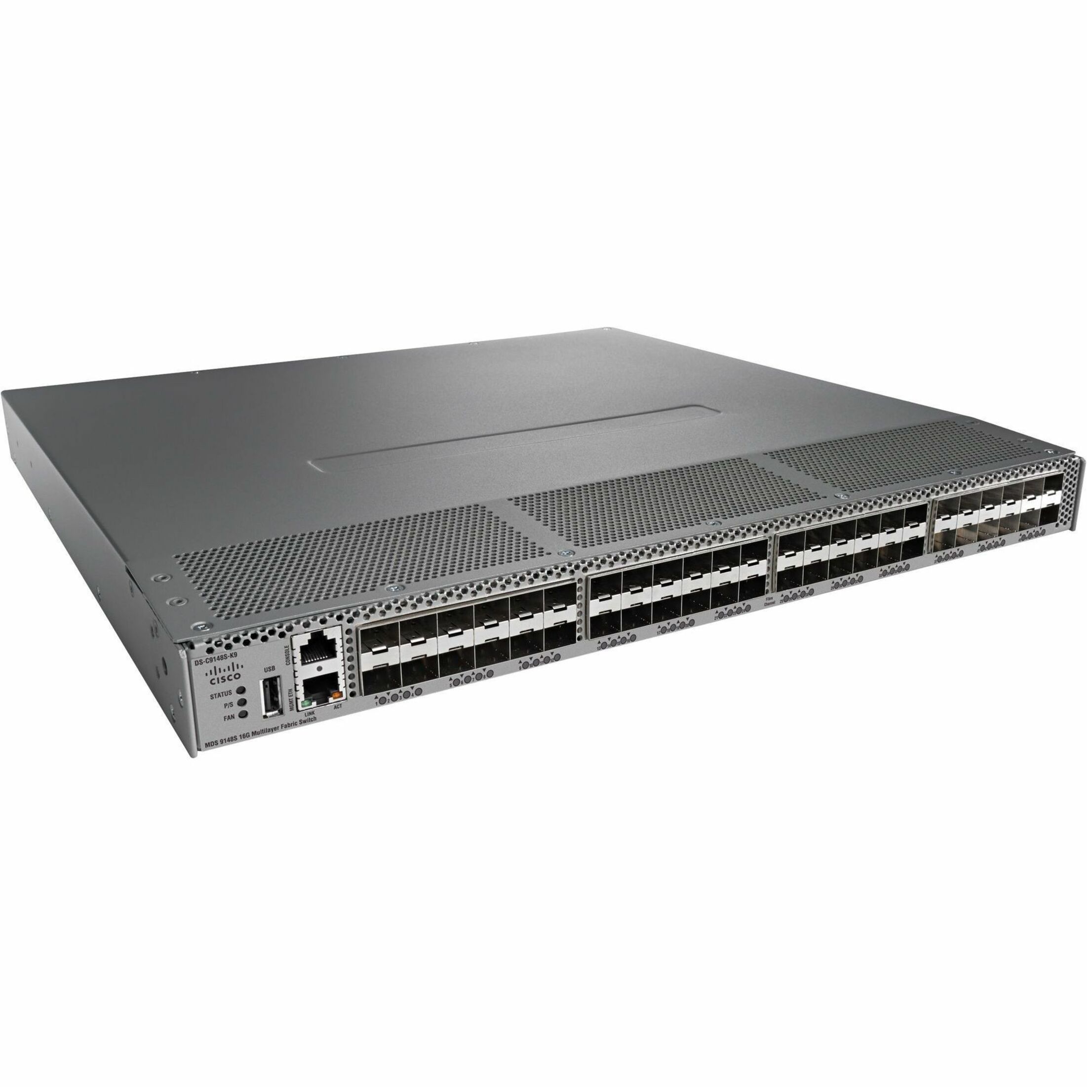 Cisco MDS 9148S Fiber Channel Switch - 48 Ports - 16 Gbit/s - 12 Fiber Channel Ports - 1 x RJ-45 - Gigabit Ethernet - 36 x Total Expansion Slots - SFP+ - 36 x SFP+ Slots - Manageable - Rack-mountable 