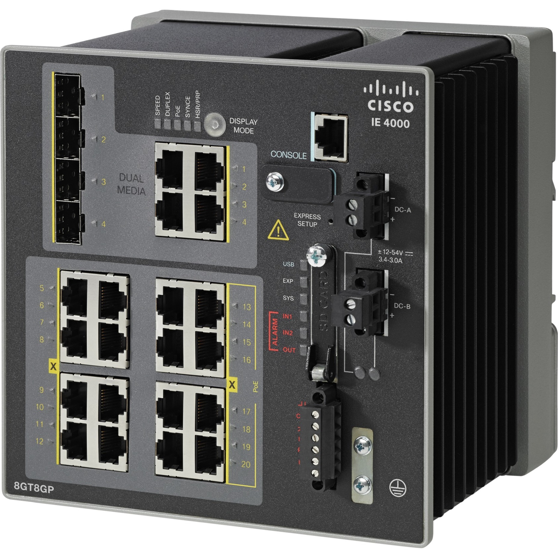 Cisco IE-4000-8GT8GP4G-E Industrial Ethernet Switch - 20 Ports - Manageable - 10/100/1000Base-T - 3 Layer Supported - Modular - 4 SFP Slots - 40 W Power Consumption - 240 W PoE Budget - Twisted Pair, 