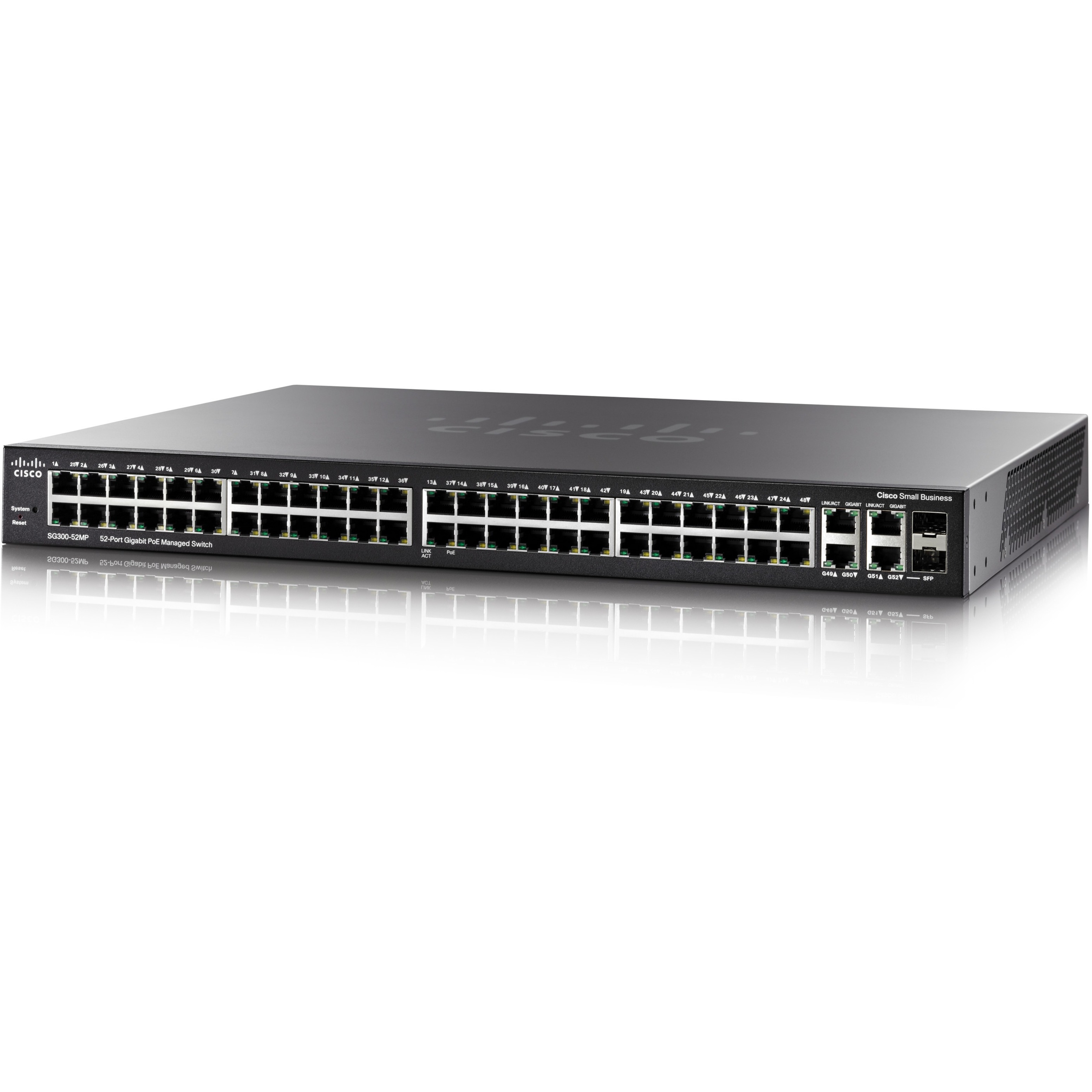 Cisco SG300-52MP Layer 3 Switch - 52 Ports - Manageable - Gigabit Ethernet - 10/100/1000Base-T, 1000Base-X - Refurbished - 3 Layer Supported - 2 SFP Slots - Twisted Pair, Optical Fiber - Desktop - Lif