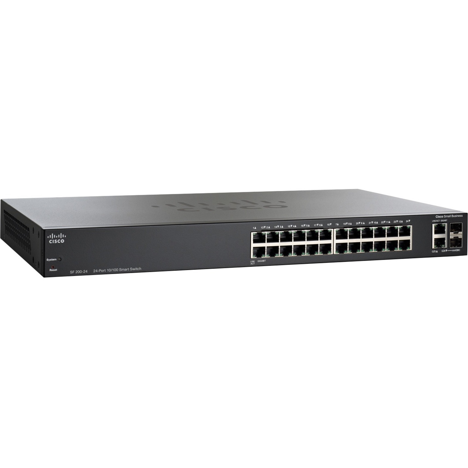 Cisco SF200-24P 24-Port 10/100 PoE Smart Switch - 26 Ports - Manageable - Gigabit Ethernet, Fast Ethernet - 10/100/1000Base-T, 10/100Base-TX, 1000Base-X - Refurbished - 2 Layer Supported - 2 SFP Slots