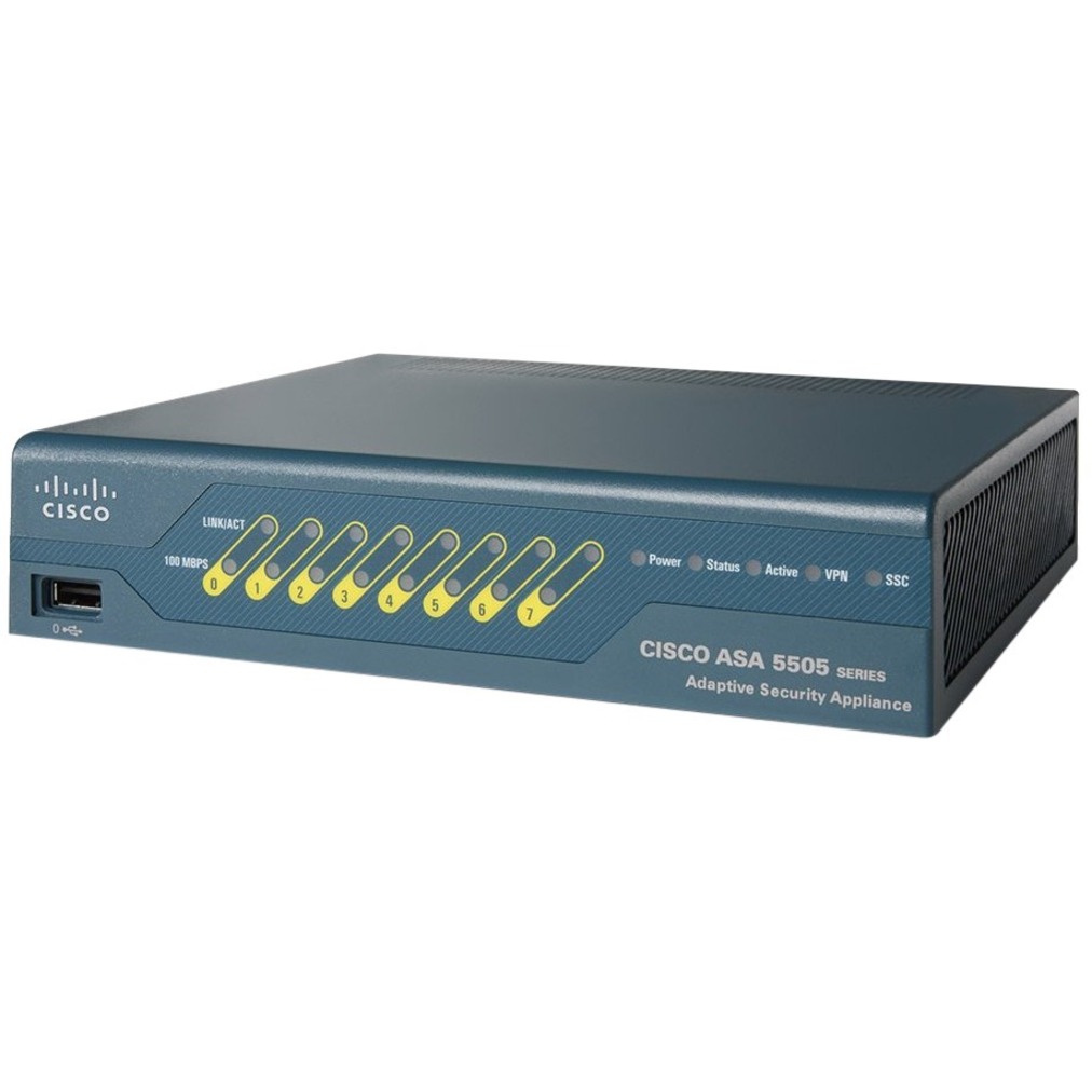 Cisco ASA 5505 Adaptive Security Appliance - 8 Port - 10/100/1000Base-T, 10/100Base-TX - Fast Ethernet - 3DES, AES - 1 Total Expansion Slots - Rack-mountable, Wall Mountable, Desktop