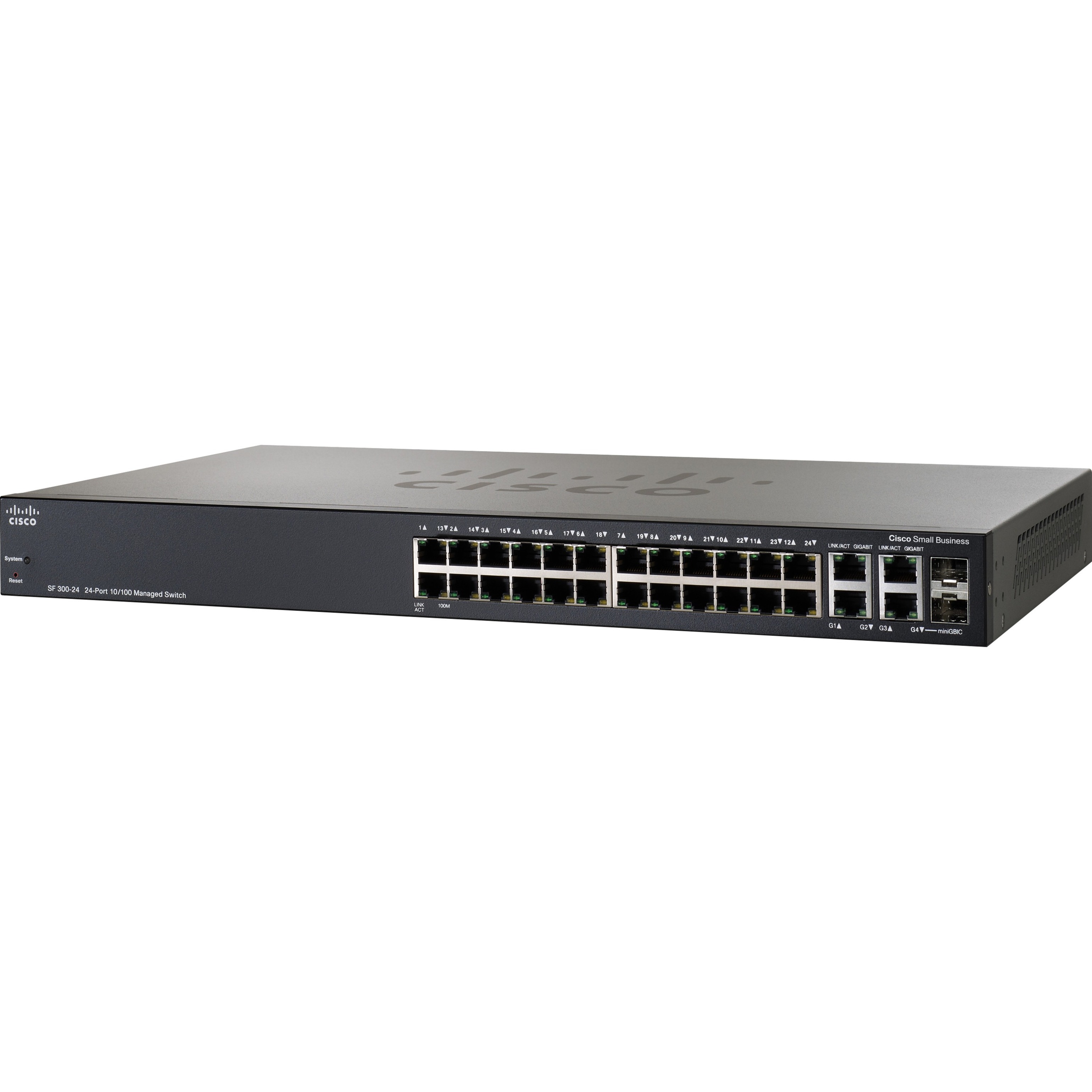 Cisco SF300-24 Layer 3 Switch - 28 Ports - Manageable - Gigabit Ethernet, Fast Ethernet - 10/100/1000Base-T, 10/100Base-TX - Refurbished - 3 Layer Supported - 2 SFP Slots - Rack-mountable - Lifetime L