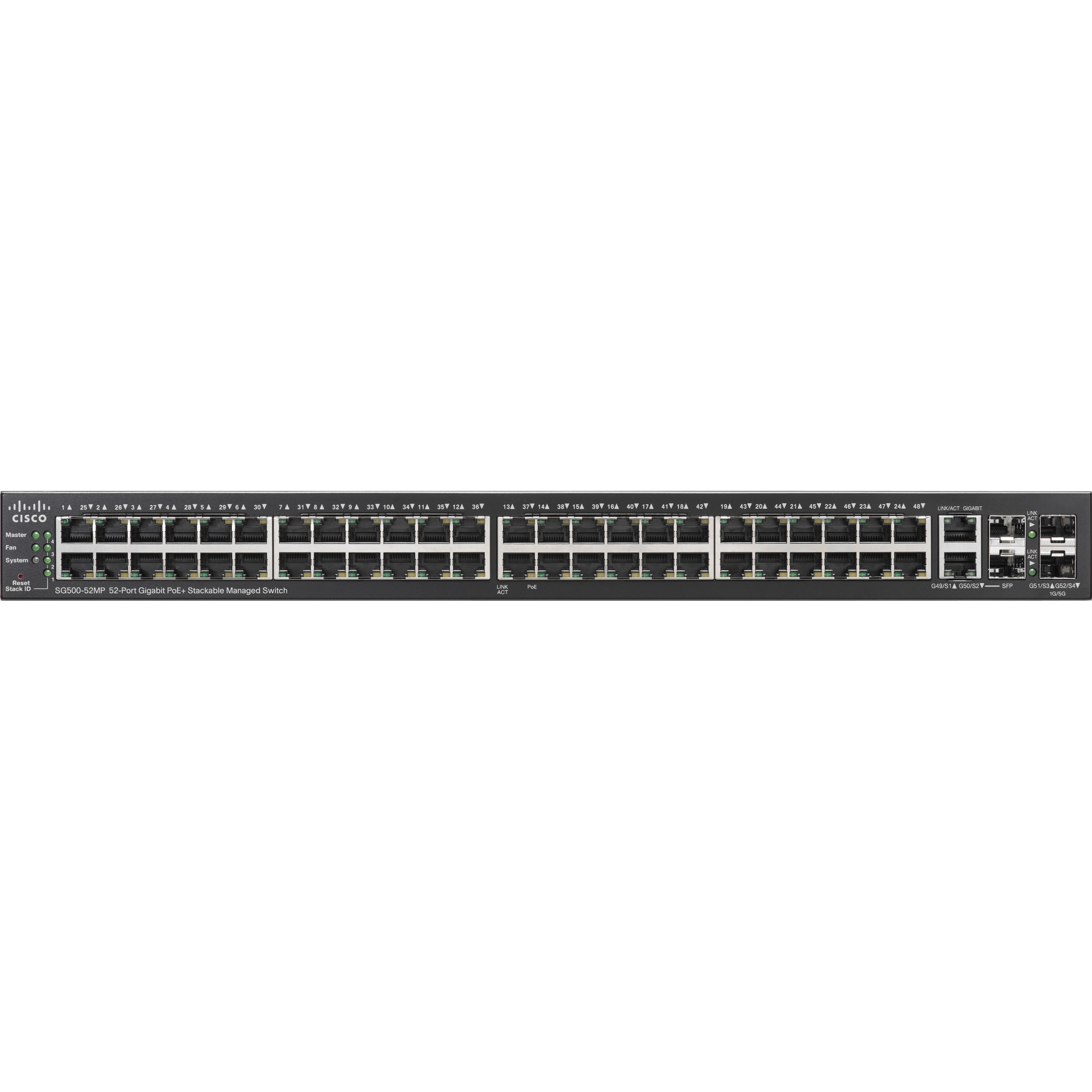 Cisco SG500-52MP 52-port Gigabit Max PoE+ Stackable Managed Switch - 52 Ports - Manageable - Gigabit Ethernet - 10/100/1000Base-T, 1000Base-X - Refurbished - 3 Layer Supported - 2 SFP Slots - Twisted
