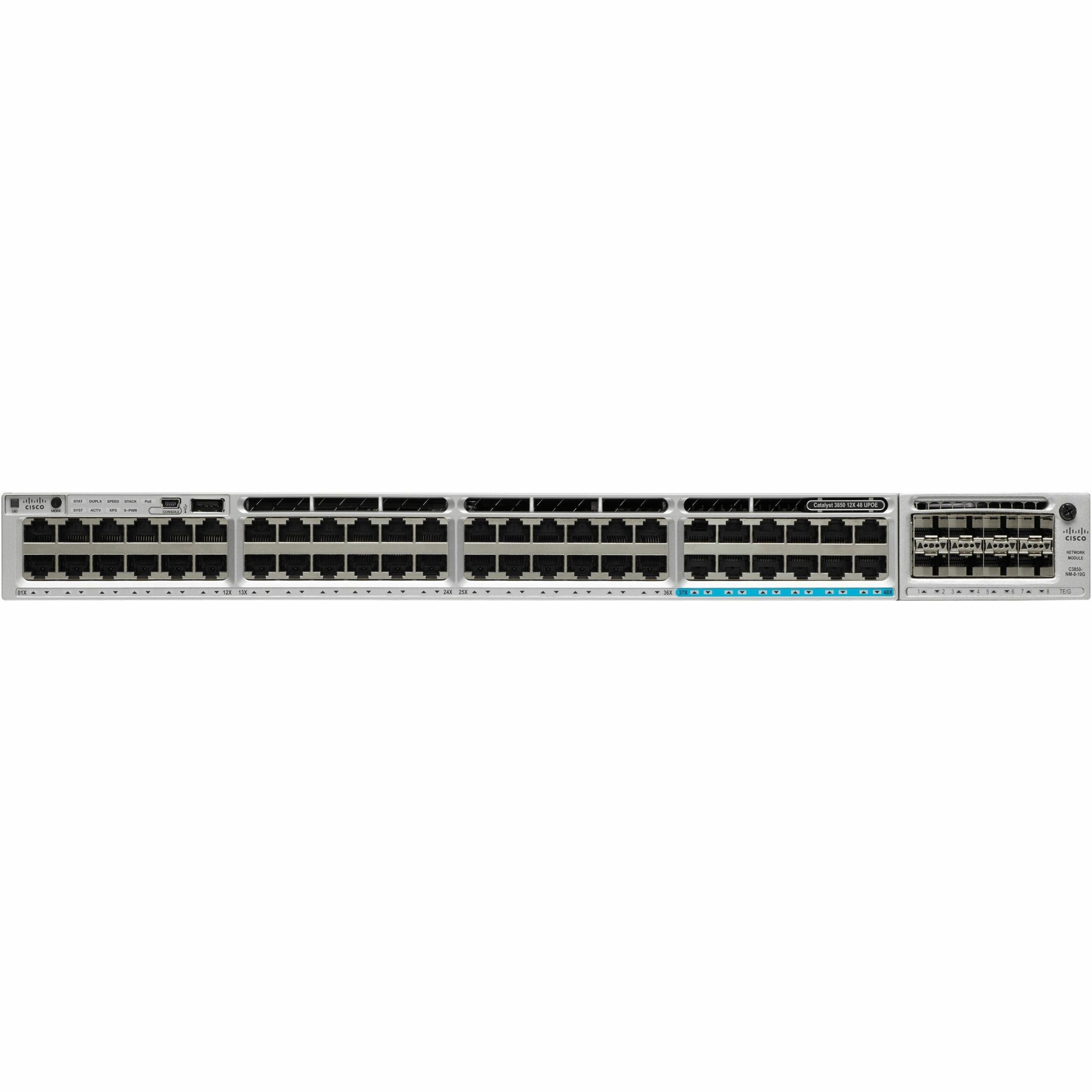 Cisco Catalyst C3850-12X48U Ethernet Switch - 48 Ports - Manageable - Fast Ethernet, Gigabit Ethernet - 10/100/1000Base-T - 3 Layer Supported - Twisted Pair - 1U - Rack-mountable