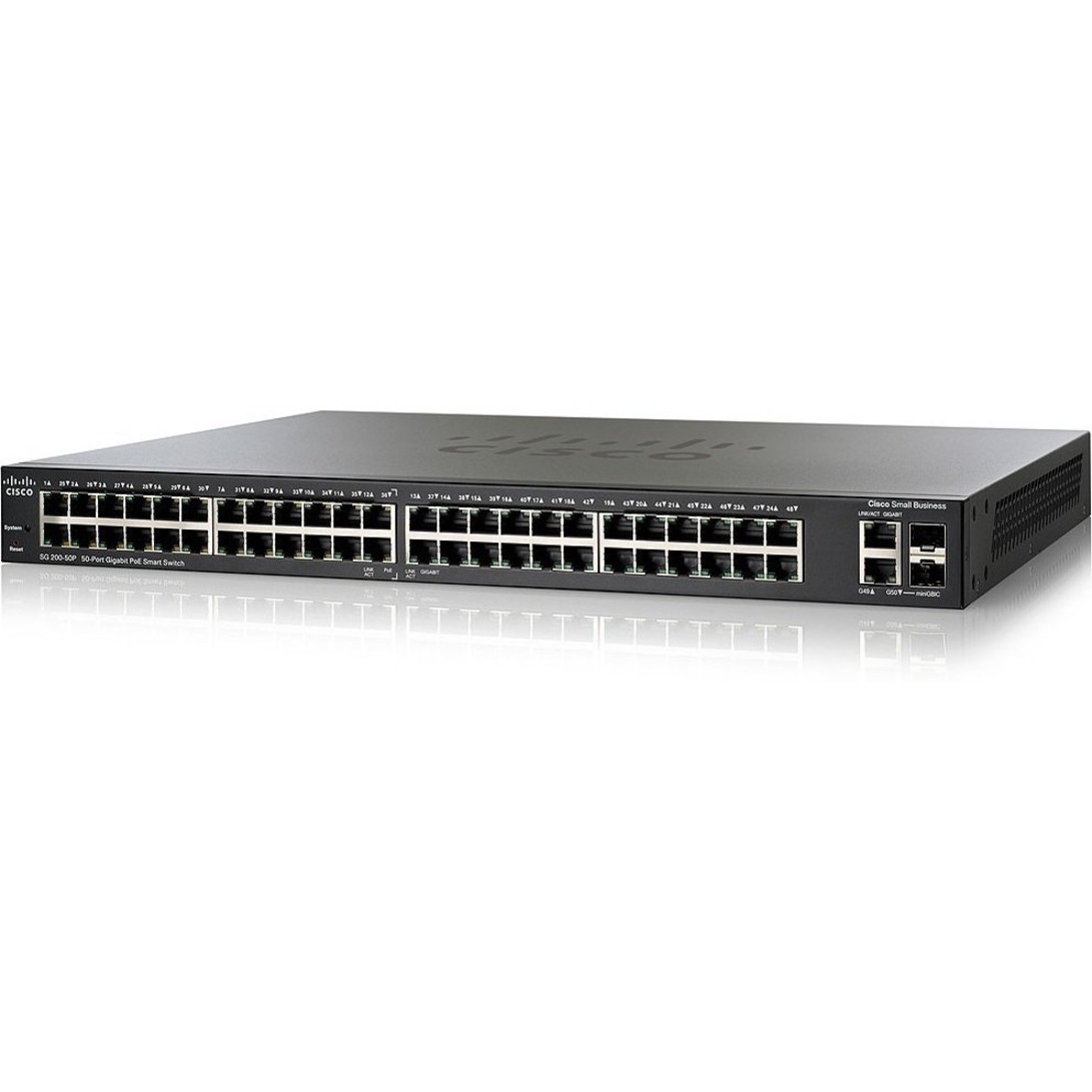 Cisco SG200-50P Gigabit PoE Smart Switch - 50 Ports - Manageable - Gigabit Ethernet, Fast Ethernet - 10/100/1000Base-T - Refurbished - 2 Layer Supported - 2 SFP Slots - Desktop - Lifetime Limited Warr