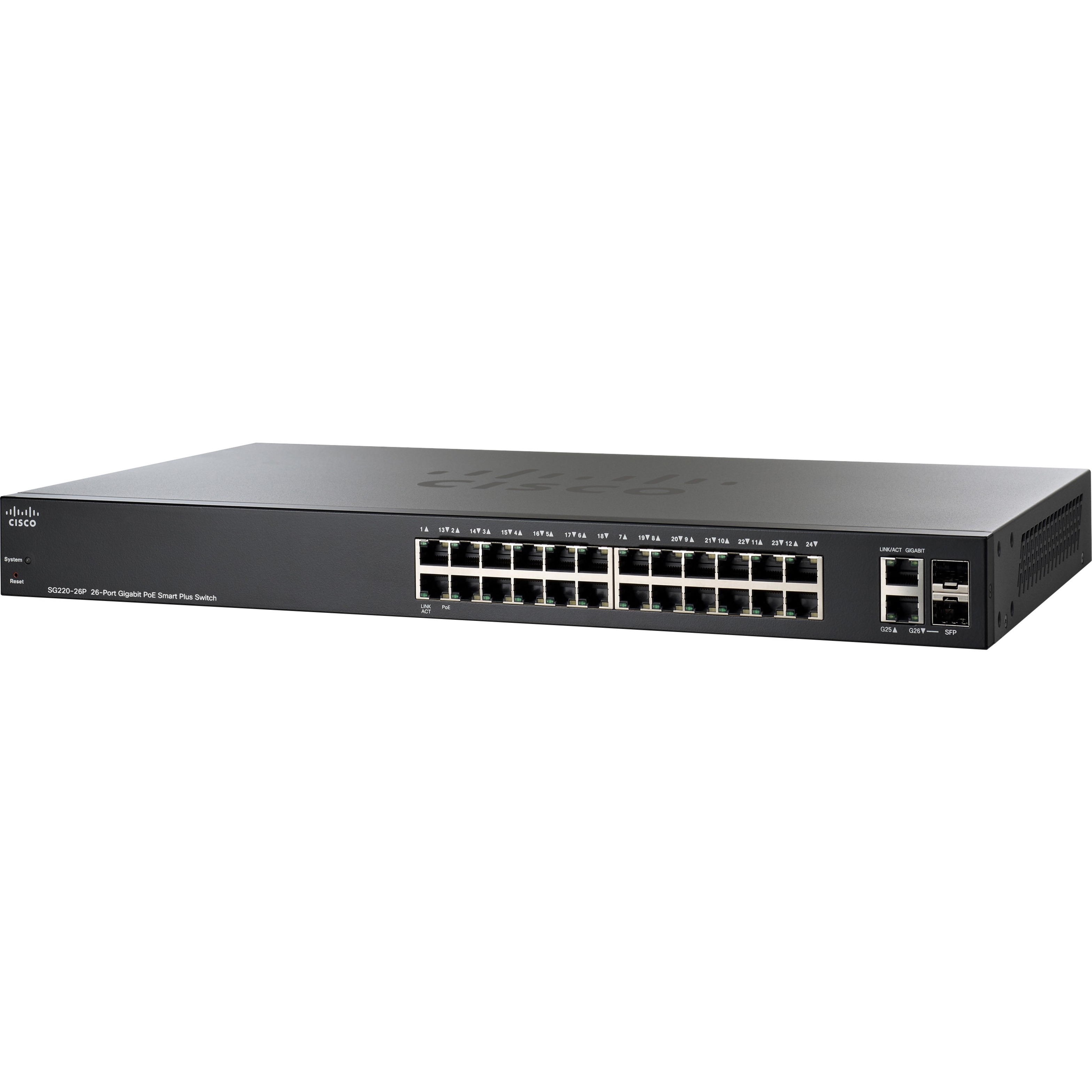 Cisco SG200-26P 26-port Gigabit PoE Smart Switch - 26 Ports - Manageable - Gigabit Ethernet, Fast Ethernet - 10/100/1000Base-T, 1000Base-X - Refurbished - 2 Layer Supported - Modular - 2 SFP Slots - O