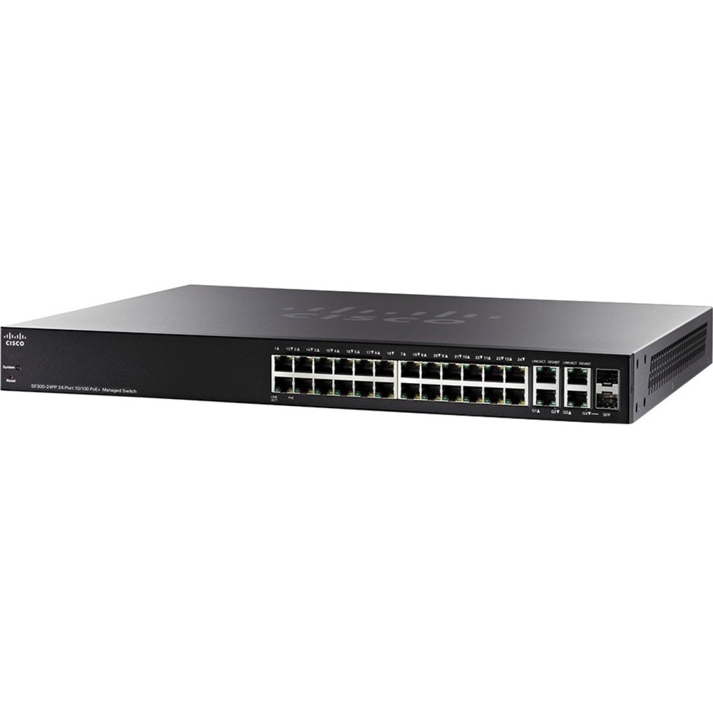 Cisco SF300-24PP 24-Port 10/100 PoE+ Managed Switch w/Gig Uplinks - 26 Ports - Manageable - Fast Ethernet, Gigabit Ethernet - 10/100Base-TX, 10/100/1000Base-T, 1000Base-X - Refurbished - 3 Layer Suppo