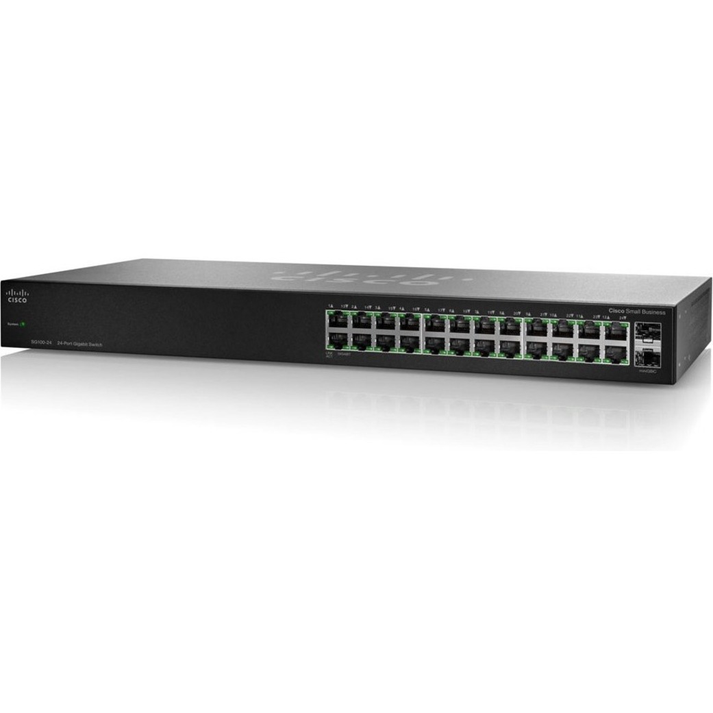 Cisco SG100-24 24-Port Gigabit Switch - 22 Ports - Gigabit Ethernet - 10/100/1000Base-T, 1000Base-X - Refurbished - 2 Layer Supported - 2 SFP Slots - Twisted Pair, Optical Fiber - Rack-mountable - Lif