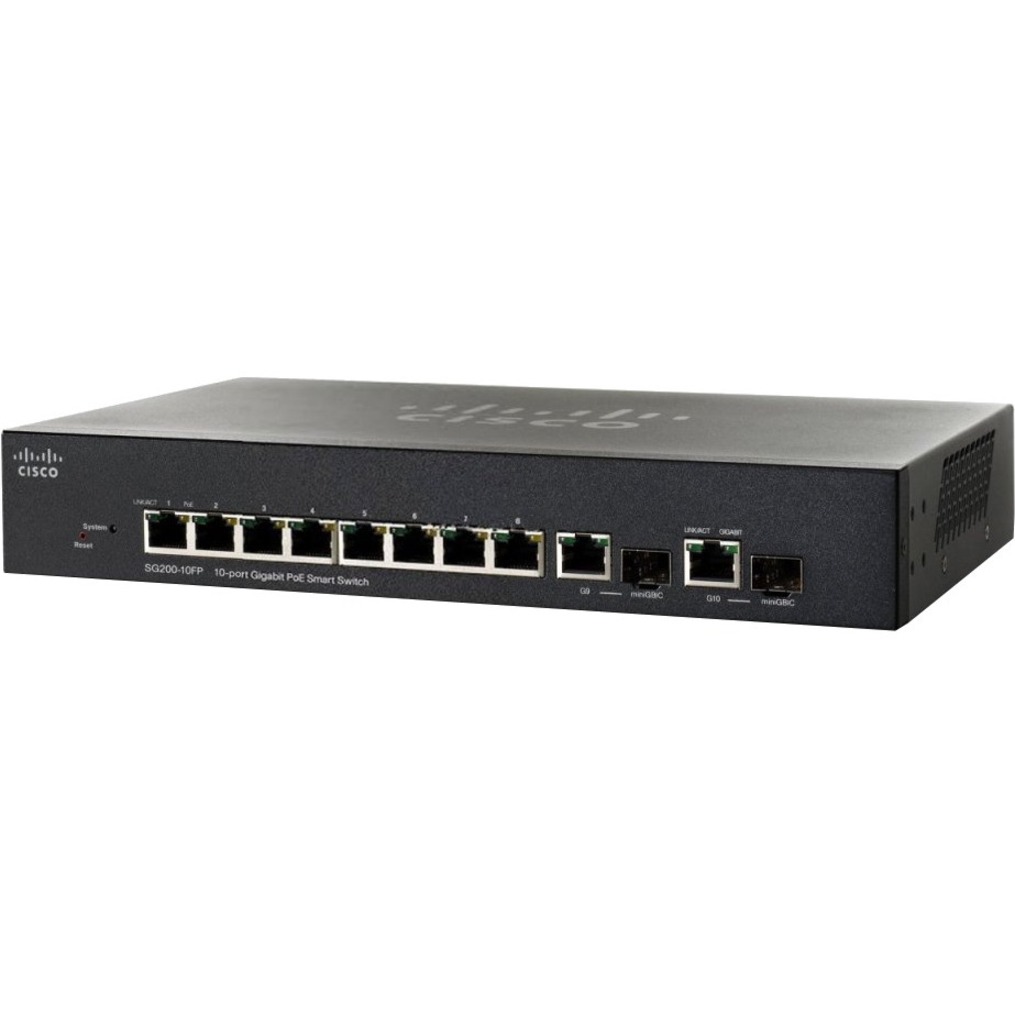 Cisco 10-port Gigabit Smart Switch, PoE (SG200-10FP-NA) - 8 Ports - Manageable - Gigabit Ethernet - 10/100/1000Base-T, 1000Base-X - Refurbished - 2 Layer Supported - Modular - 2 SFP Slots - Optical Fi