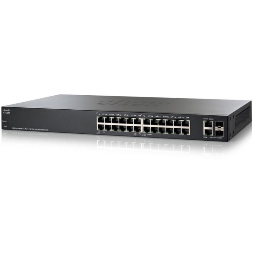 Cisco SF200-24FP 24-port 10 100 Full-PoE Smart Switch - 24 Ports - Manageable - Fast Ethernet, Gigabit Ethernet - 10/100Base-TX, 1000Base-T, 1000Base-X - Refurbished - 2 Layer Supported - Modular - 2 