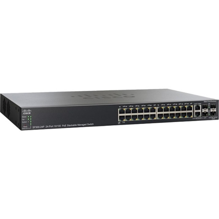 Cisco SF500-24P 24-Port 10 100 PoE Stackable Managed Switch - 26 Ports - Manageable - Gigabit Ethernet, Fast Ethernet - 1000Base-T, 1000Base-X, 10/100Base-T - Refurbished - 3 Layer Supported - Modular