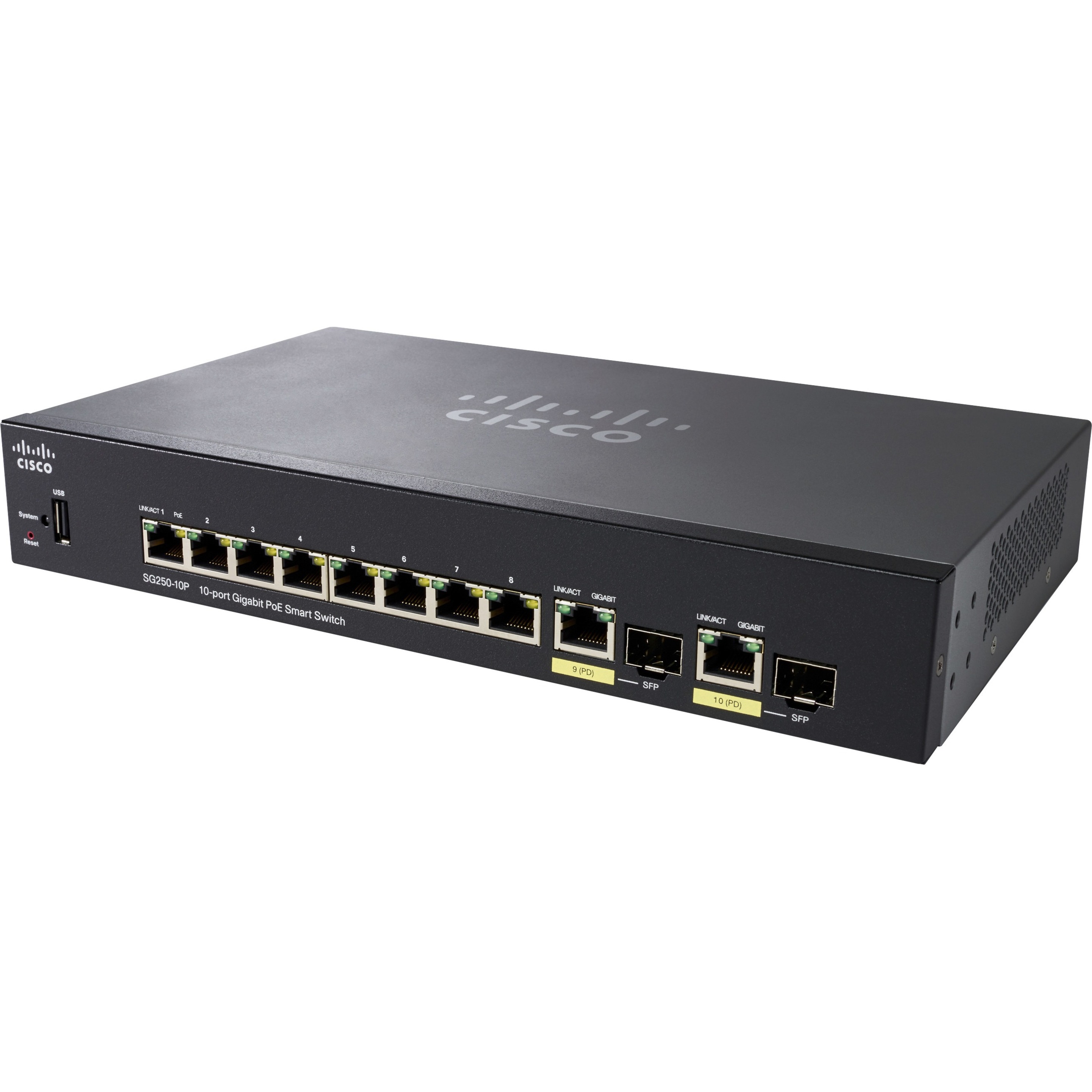 Cisco SG250-10P 10-Port Gigabit PoE Smart Switch - 10 Ports - Manageable - Gigabit Ethernet - 1000Base-T, 1000Base-X - 2 Layer Supported - Modular - 2 SFP Slots - Twisted Pair, Optical Fiber - 5 Year 