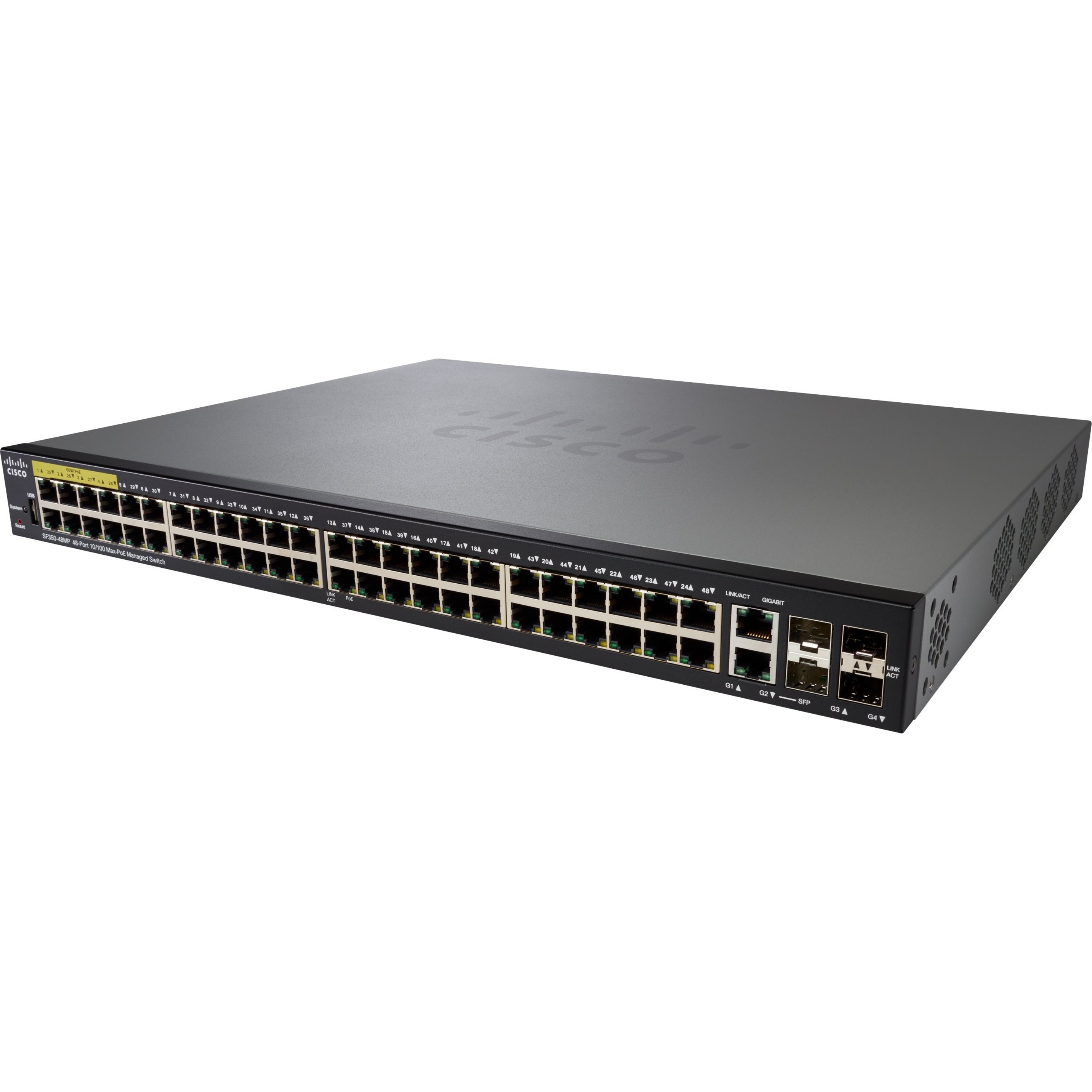 Cisco SF350-48MP 48-Port 10 100 PoE Managed Switch - 48 Ports - Manageable - Gigabit Ethernet, Fast Ethernet - 10/100Base-TX, 1000Base-X, 10/100/1000Base-TX - 3 Layer Supported - Modular - 4 SFP Slots