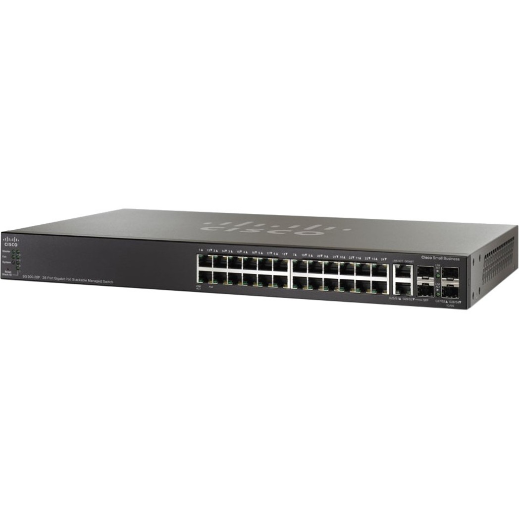 Cisco SG500-28P 28-port Gigabit POE Stackable Managed Switch - 26 Ports - Manageable - Gigabit Ethernet - 10/100/1000Base-T, 1000Base-X - Refurbished - 3 Layer Supported - Modular - 4 SFP Slots - Twis