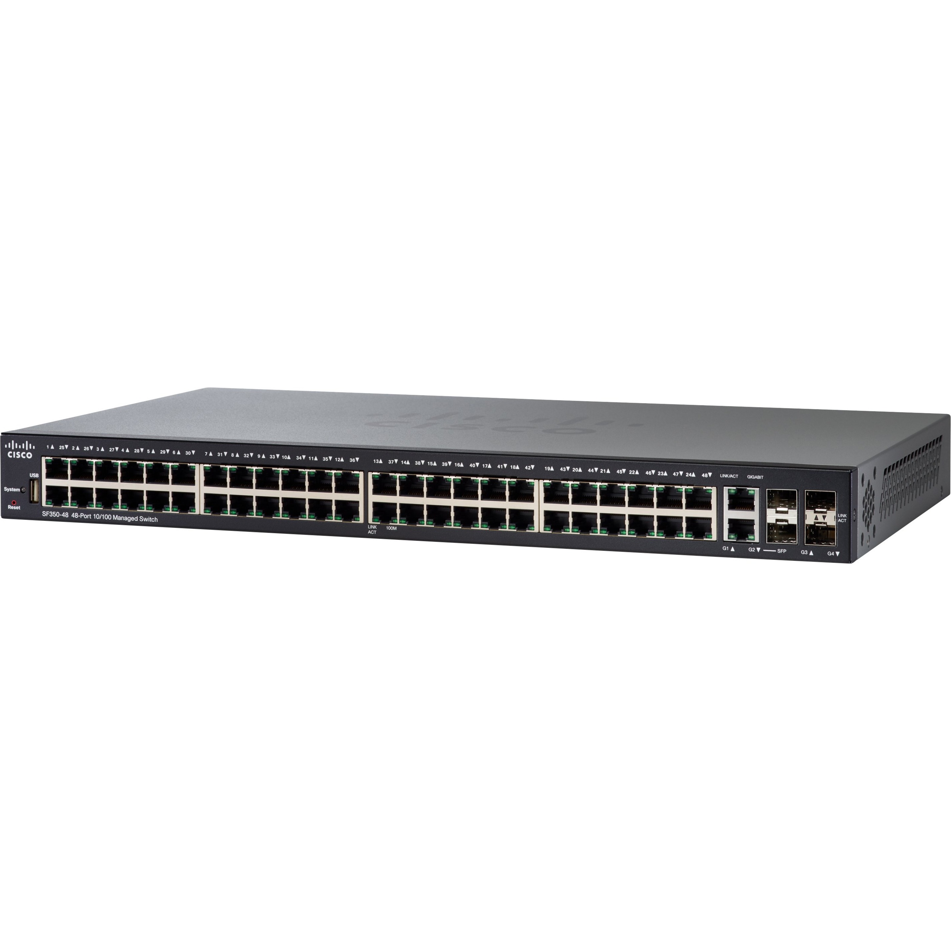 Cisco SF350-48 48-Port 10 100 Managed Switch - 48 Ports - Manageable - Gigabit Ethernet, Fast Ethernet - 10/100Base-TX, 1000Base-X, 10/100/1000Base-TX - 3 Layer Supported - Modular - 2 SFP Slots - Opt