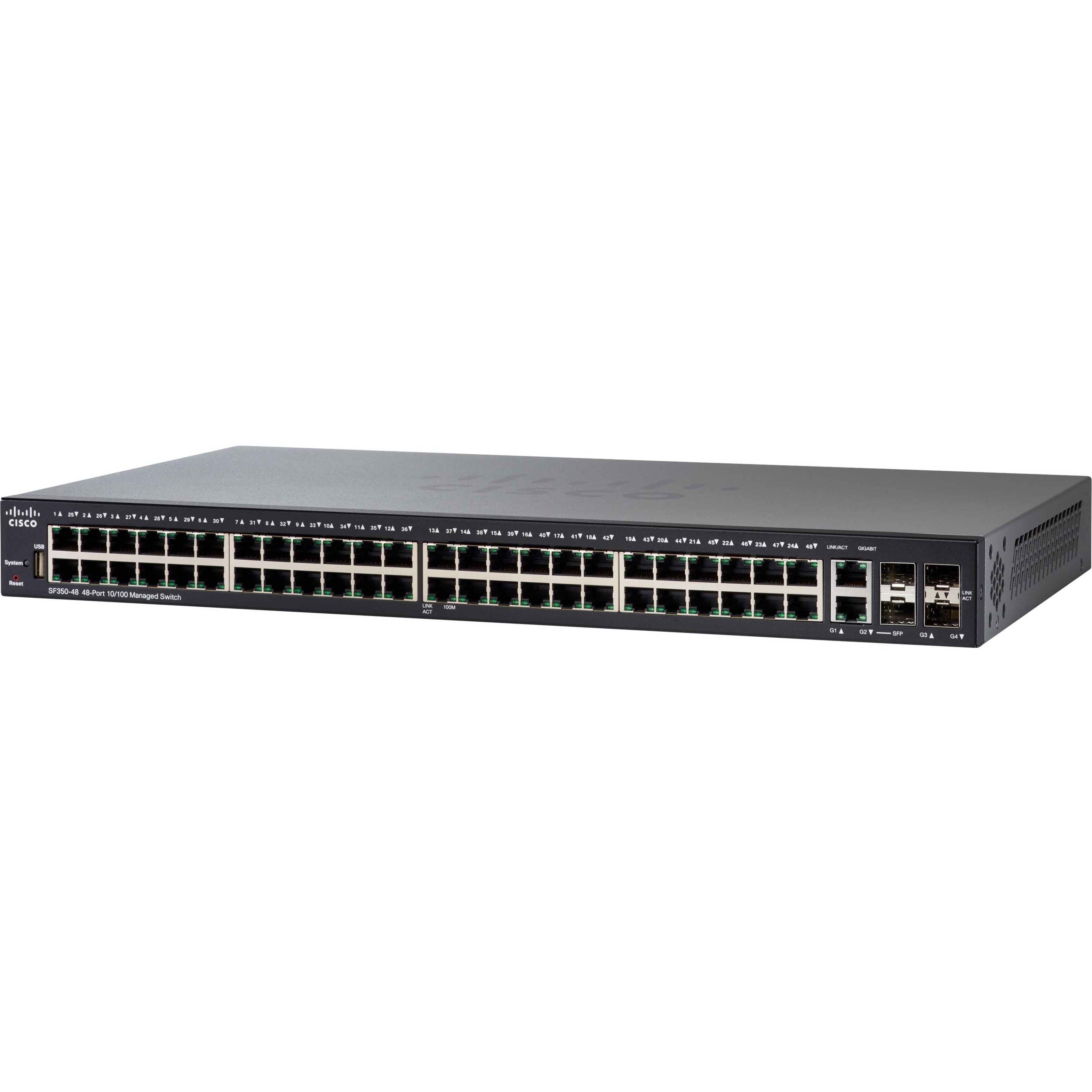 Cisco SF350-48 48-Port 10 100 Managed Switch - 48 Ports - Manageable - Gigabit Ethernet, Fast Ethernet - 10/100Base-TX, 1000Base-X, 10/100/1000Base-TX - 3 Layer Supported - Modular - 2 SFP Slots - Opt