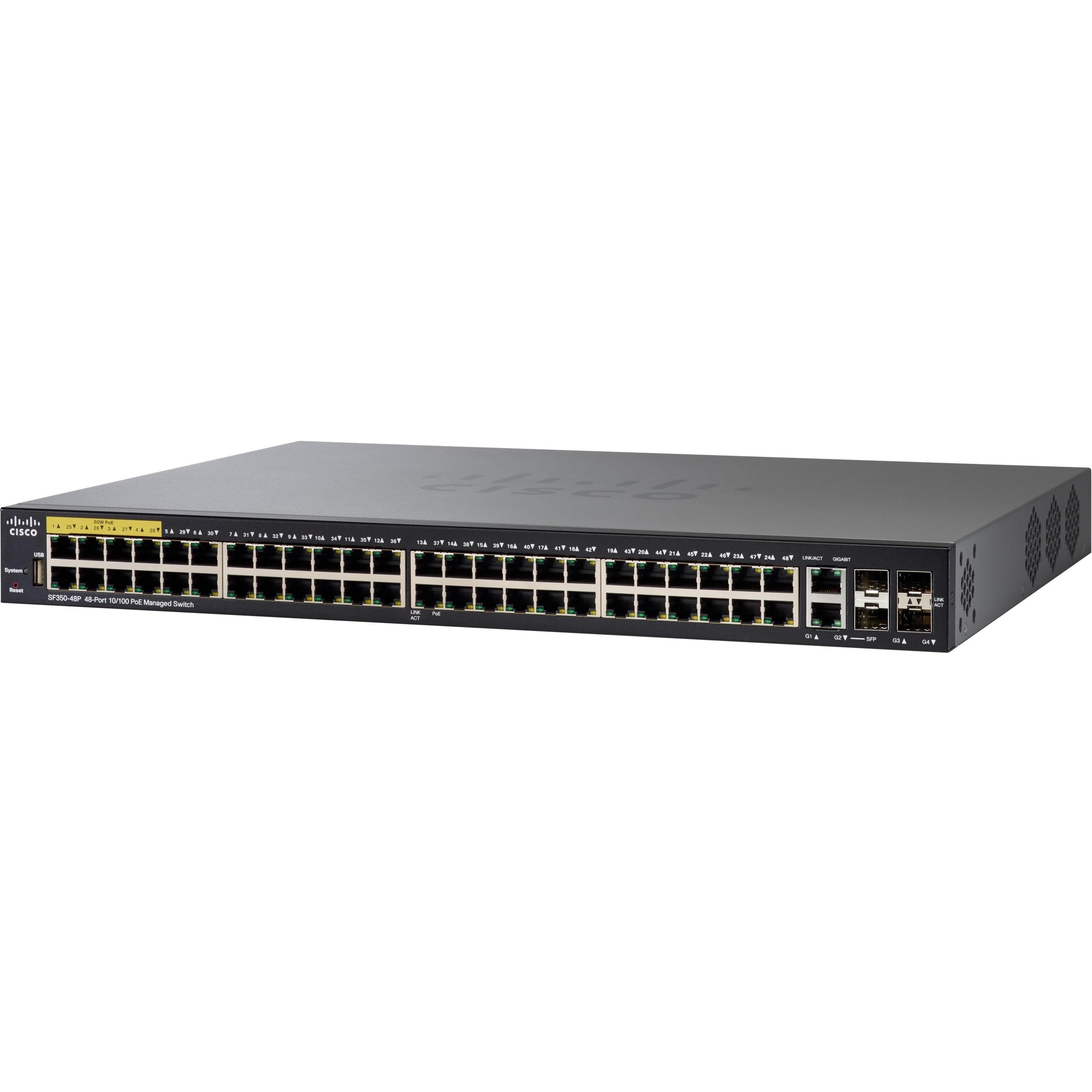 Cisco SF350-48P 48-Port 10 100 PoE Managed Switch - 48 Ports - Manageable - Gigabit Ethernet, Fast Ethernet - 10/100Base-TX, 1000Base-X, 10/100/1000Base-TX - 3 Layer Supported - Modular - 4 SFP Slots 