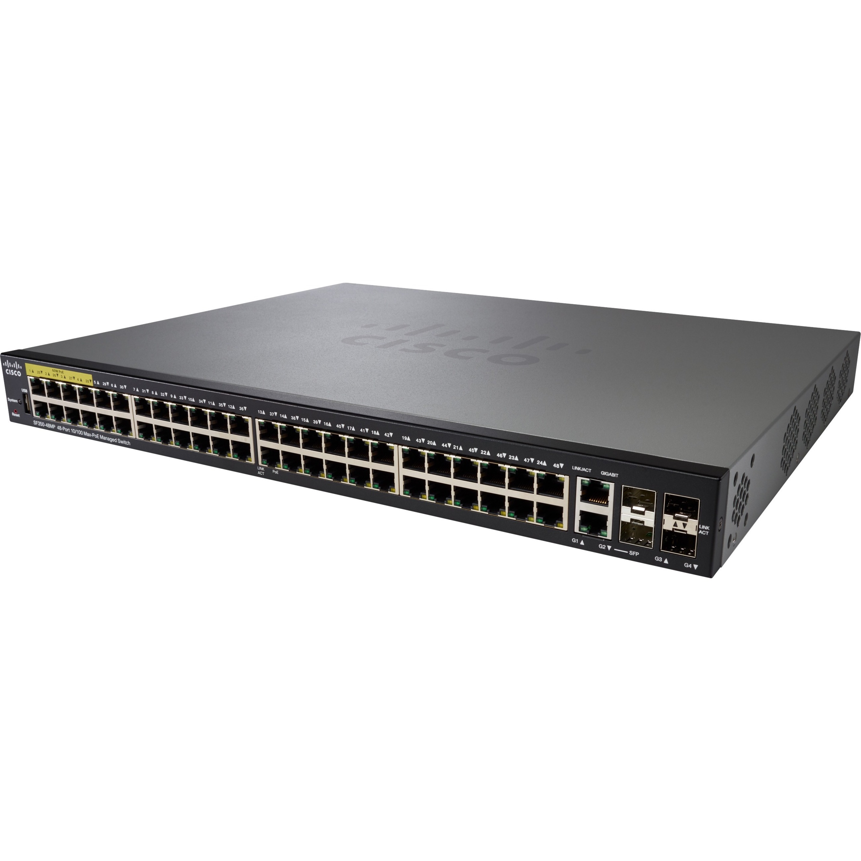 Cisco SF350-48MP 48-Port 10 100 PoE Managed Switch - 48 Ports - Manageable - Gigabit Ethernet, Fast Ethernet - 10/100Base-TX, 1000Base-X, 10/100/1000Base-TX - 3 Layer Supported - Modular - 4 SFP Slots