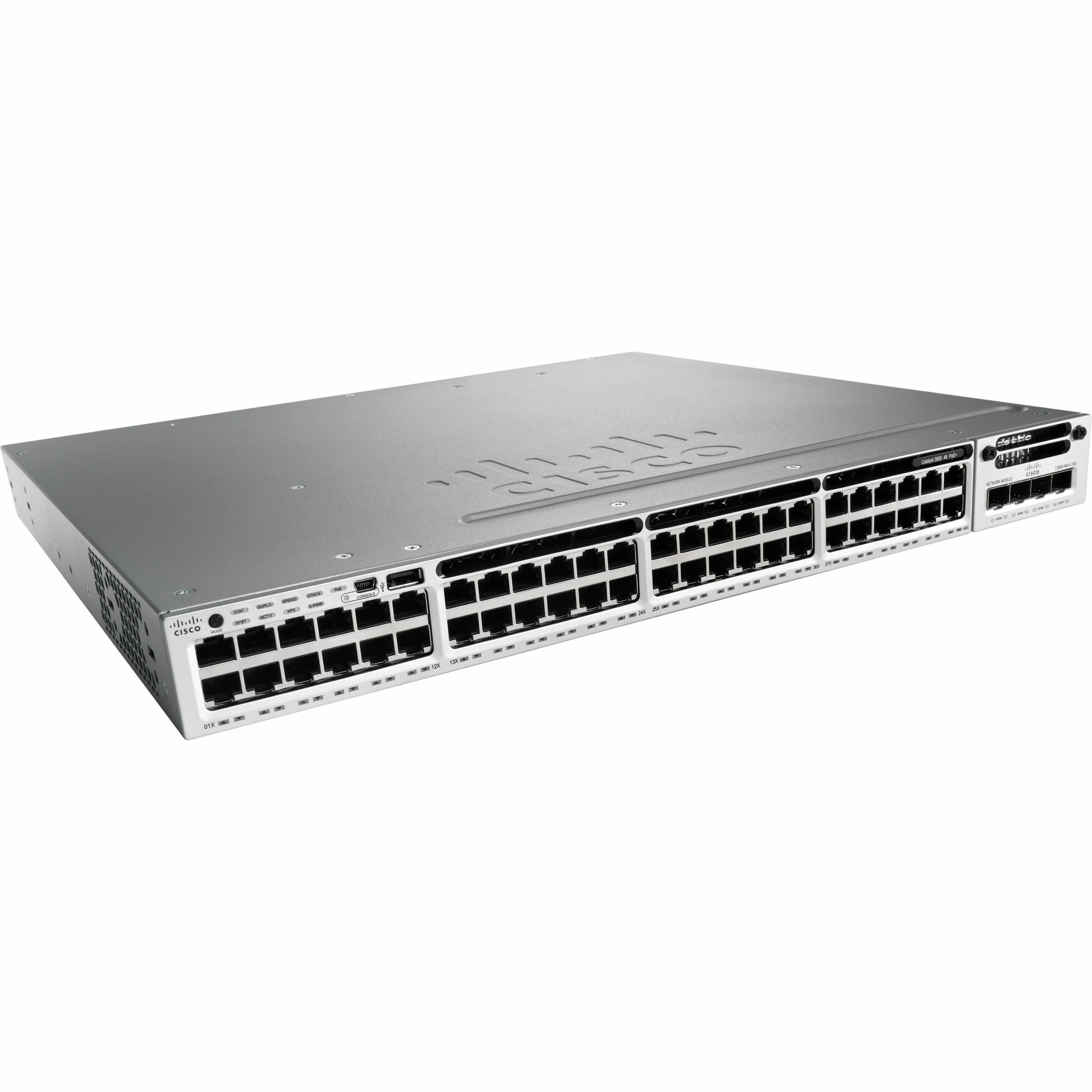 Cisco Catalyst 3850-48U Ethernet Switch - 48 Ports - Manageable - Gigabit Ethernet - 10/100/1000Base-T - 2 Layer Supported - 121.50 W Power Consumption - Twisted Pair - 1U - Rack-mountable - Lifetime 