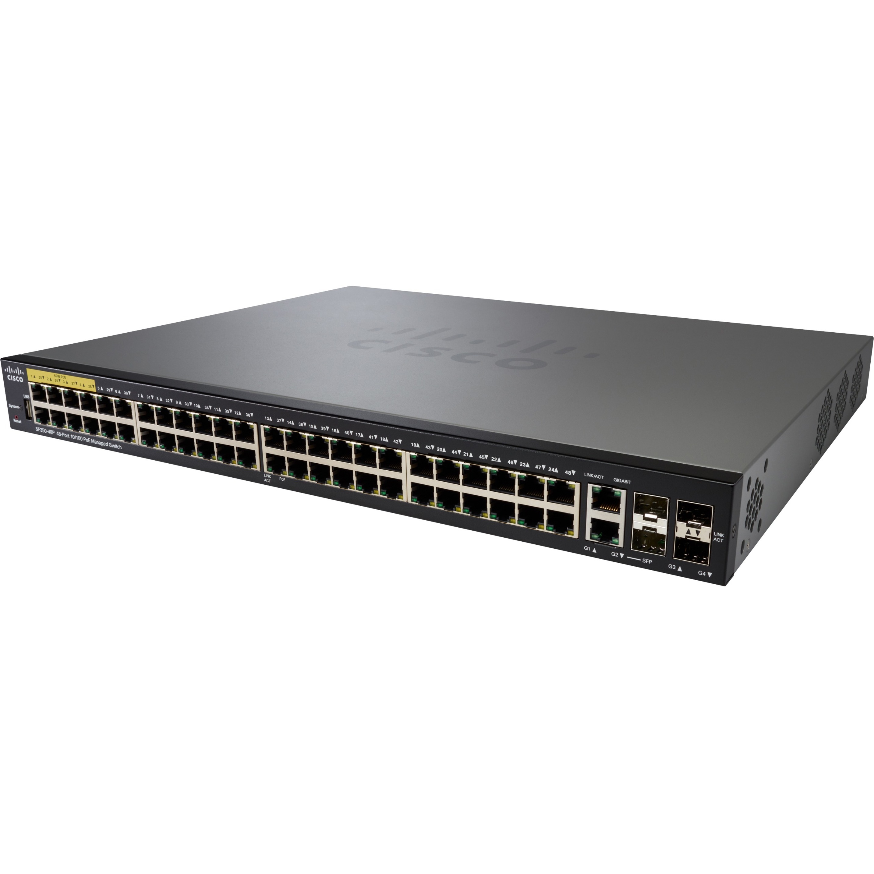 Cisco SF350-48P 48-Port 10 100 PoE Managed Switch - 48 Ports - Manageable - Gigabit Ethernet, Fast Ethernet - 10/100Base-TX, 1000Base-X, 10/100/1000Base-TX - 3 Layer Supported - Modular - 4 SFP Slots 