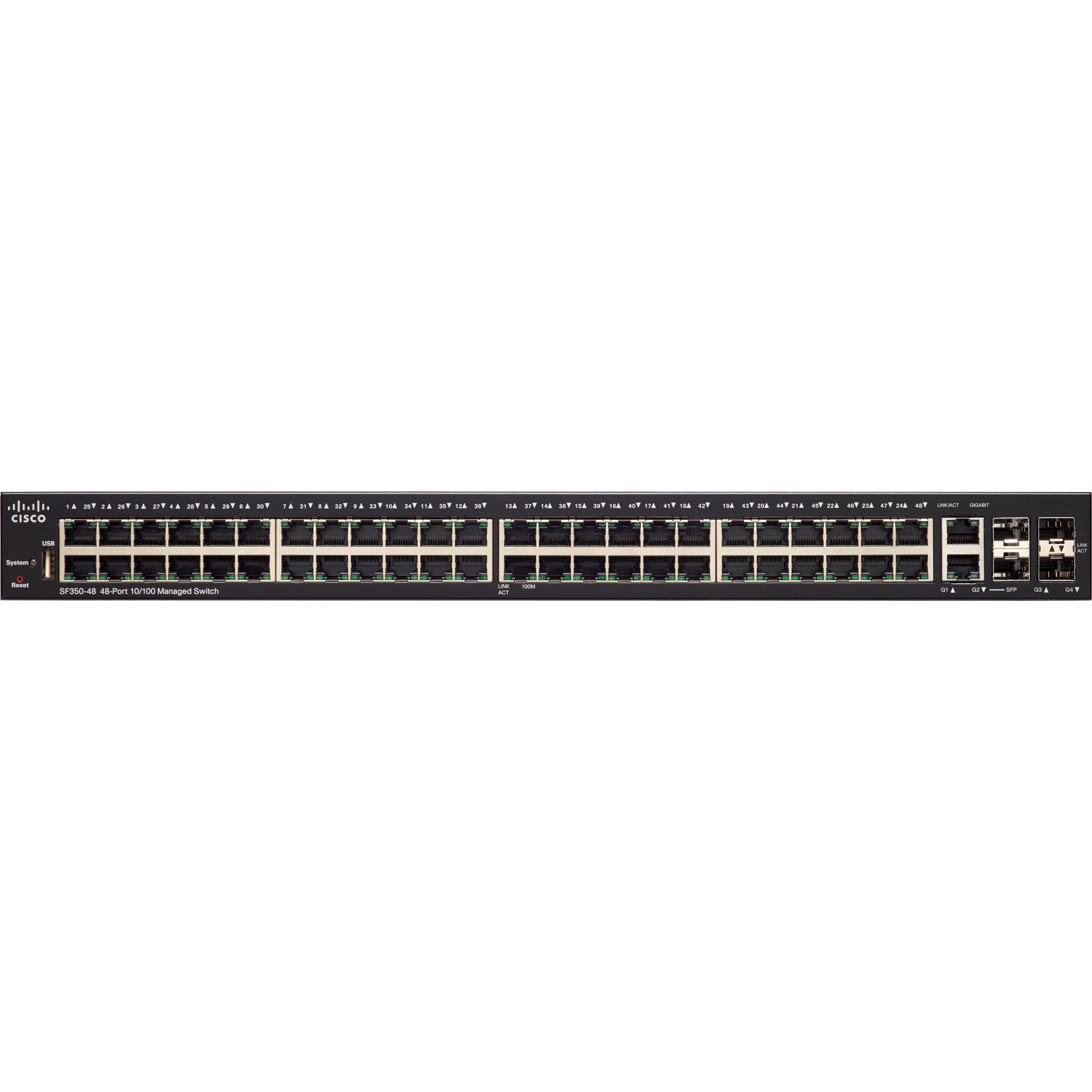 Cisco SF350-48 48-port 10/100 Managed Switch - 48 Ports - Manageable - Gigabit Ethernet, Fast Ethernet - 10/100Base-TX, 1000Base-X, 10/100/1000Base-TX - 3 Layer Supported - Modular - 2 SFP Slots - Opt