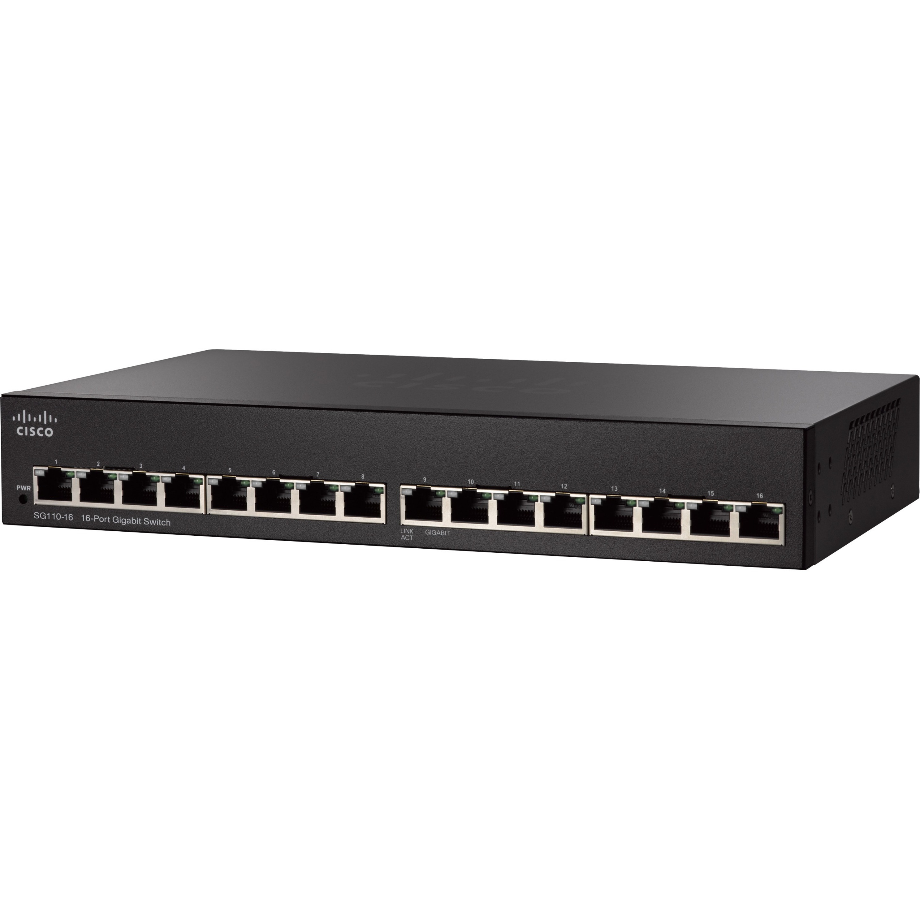Cisco SG110-16 16-Port Gigabit Switch - 16 Ports - Gigabit Ethernet - 10/100/1000Base-TX - Refurbished - 2 Layer Supported - Twisted Pair - Rack-mountable, Wall Mountable, Desktop - Lifetime Limited W
