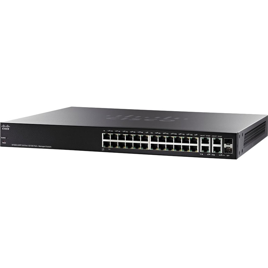 Cisco SF300-24P Layer 3 Switch - 16 Ports - Manageable - Gigabit Ethernet, Fast Ethernet - 10/100/1000Base-T, 1000Base-X - Refurbished - 3 Layer Supported - 2 SFP Slots - Twisted Pair, Optical Fiber -