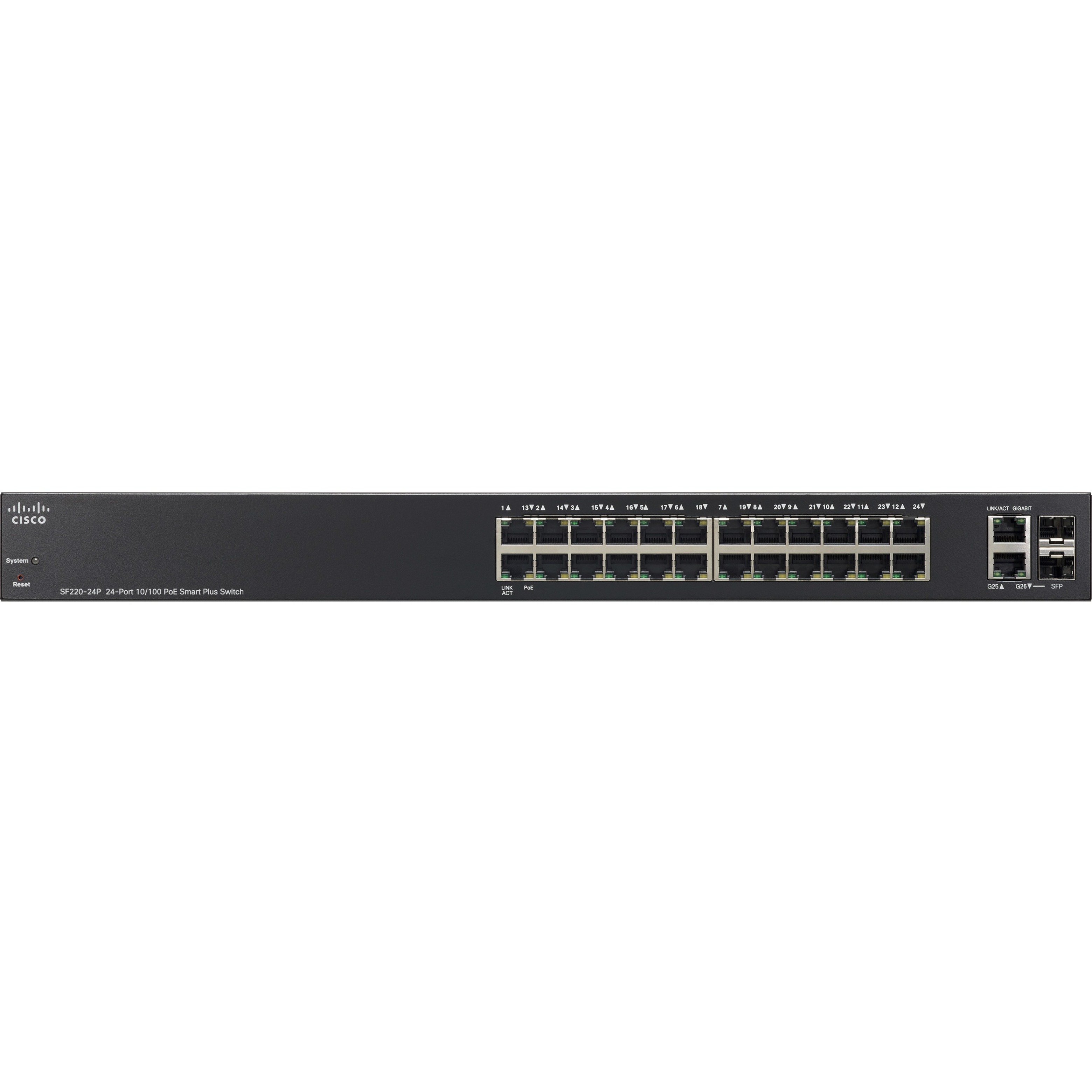 Cisco SF220-24P 24-Port 10/100 PoE Smart Plus Switch - 24 Ports - Manageable - 10/100Base-TX, 10/100/1000Base-T, 1000Base-X - Refurbished - 2 Layer Supported - 2 SFP Slots - Desktop, Rack-mountable - 