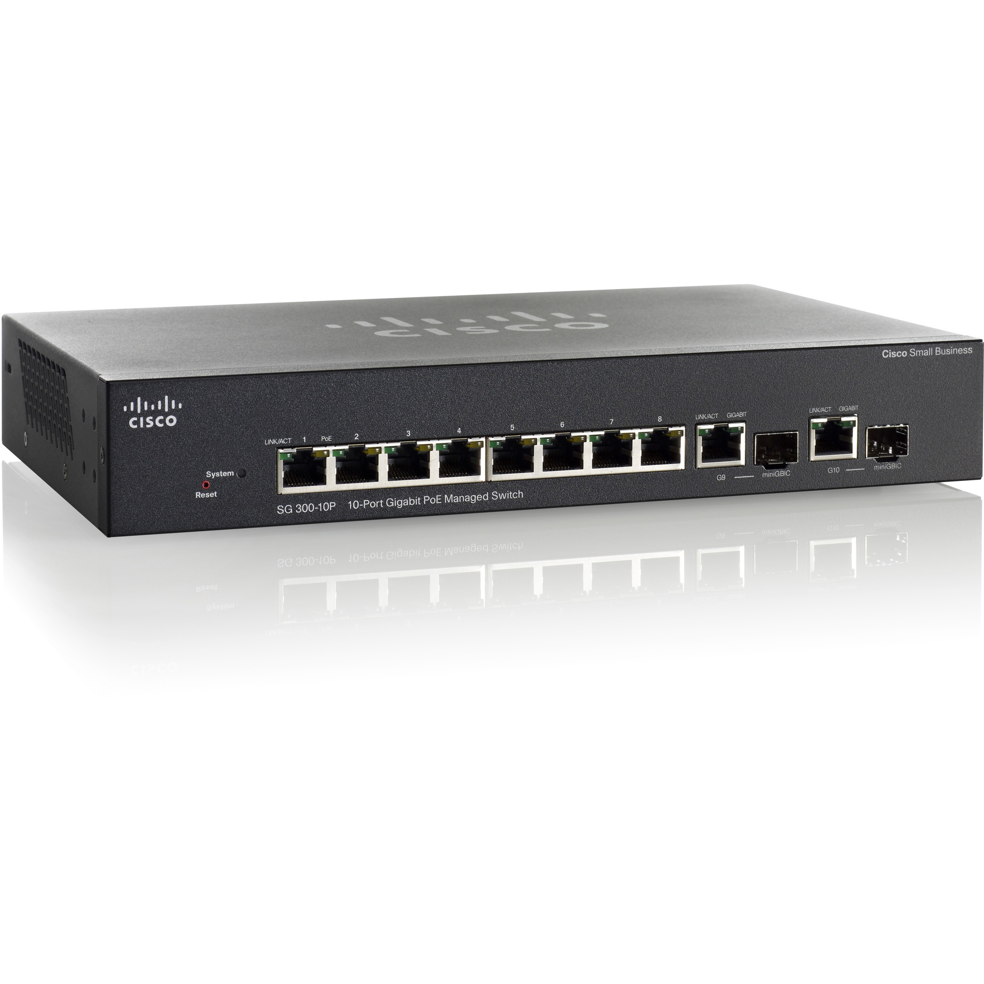 Cisco SG300-10P Gigabit PoE Managed Switch - 10 Ports - Manageable - Gigabit Ethernet - 10/100/1000Base-T - Refurbished - 3 Layer Supported - 2 SFP Slots - Optical Fiber, Twisted Pair - Wall Mountable