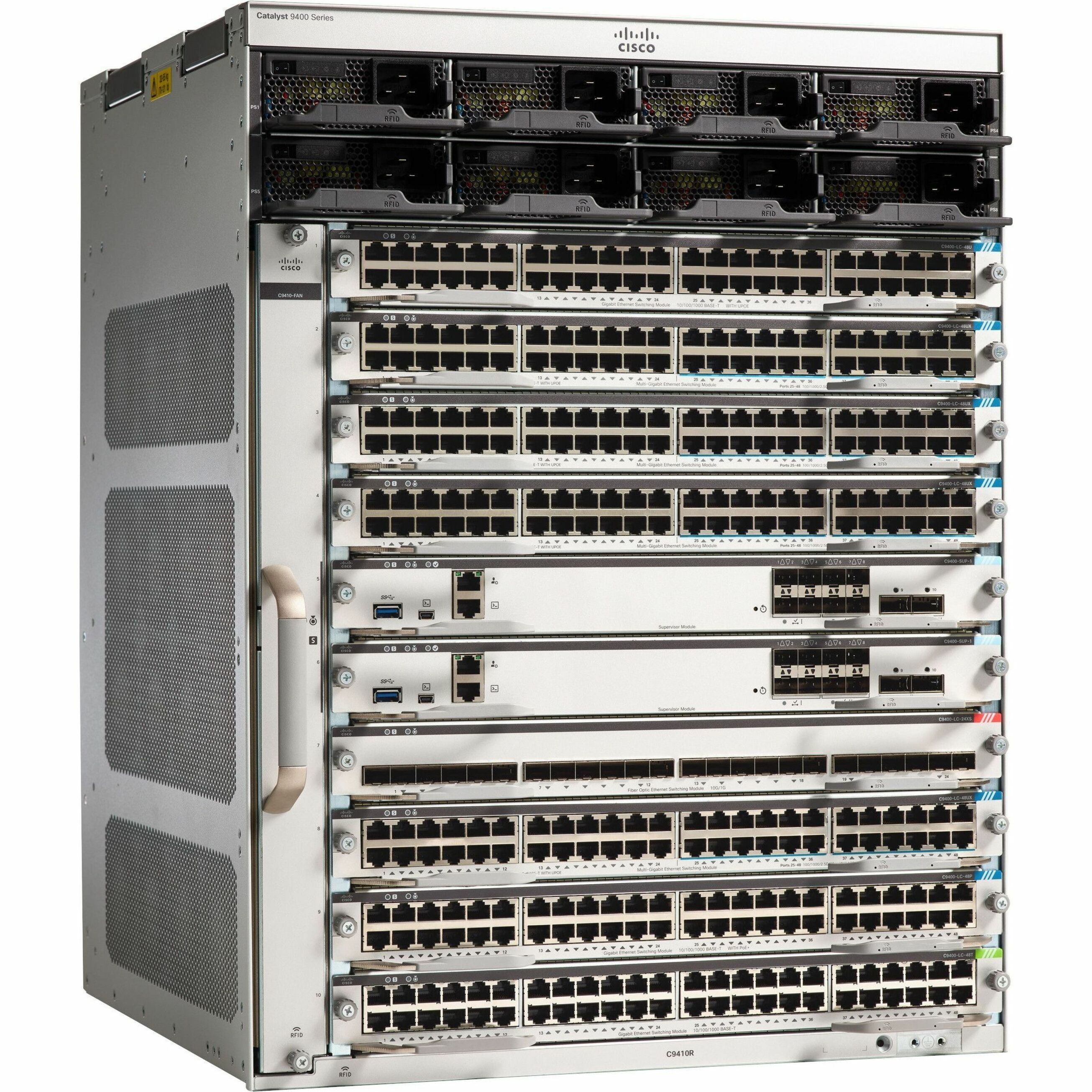 Cisco Catalyst 9400 Series 10 Slot Chassis - Manageable - Gigabit Ethernet - 1000Base-T - 3 Layer Supported - Modular - 3200 W Power Consumption - Twisted Pair - PoE Ports - 13U - Rack-mountable - Lif