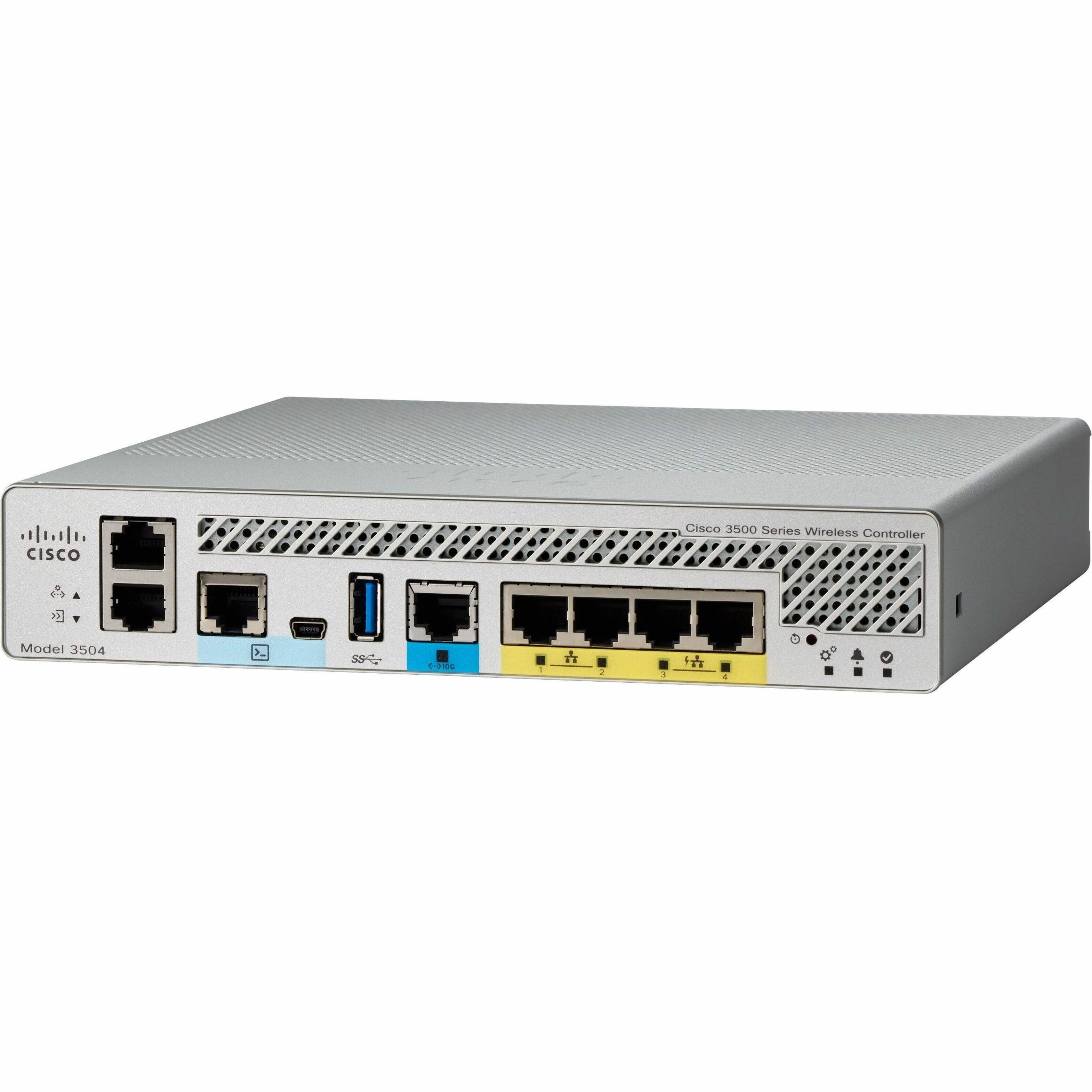 Cisco 3504 Wi-Fi 6 IEEE 802.11a/b/g/d/e/h/n/k/r/u/w/ac/ax Wireless LAN Controller - 5 x Network (RJ-45) - 5 Gigabit Ethernet, Gigabit Ethernet - Rack-mountable