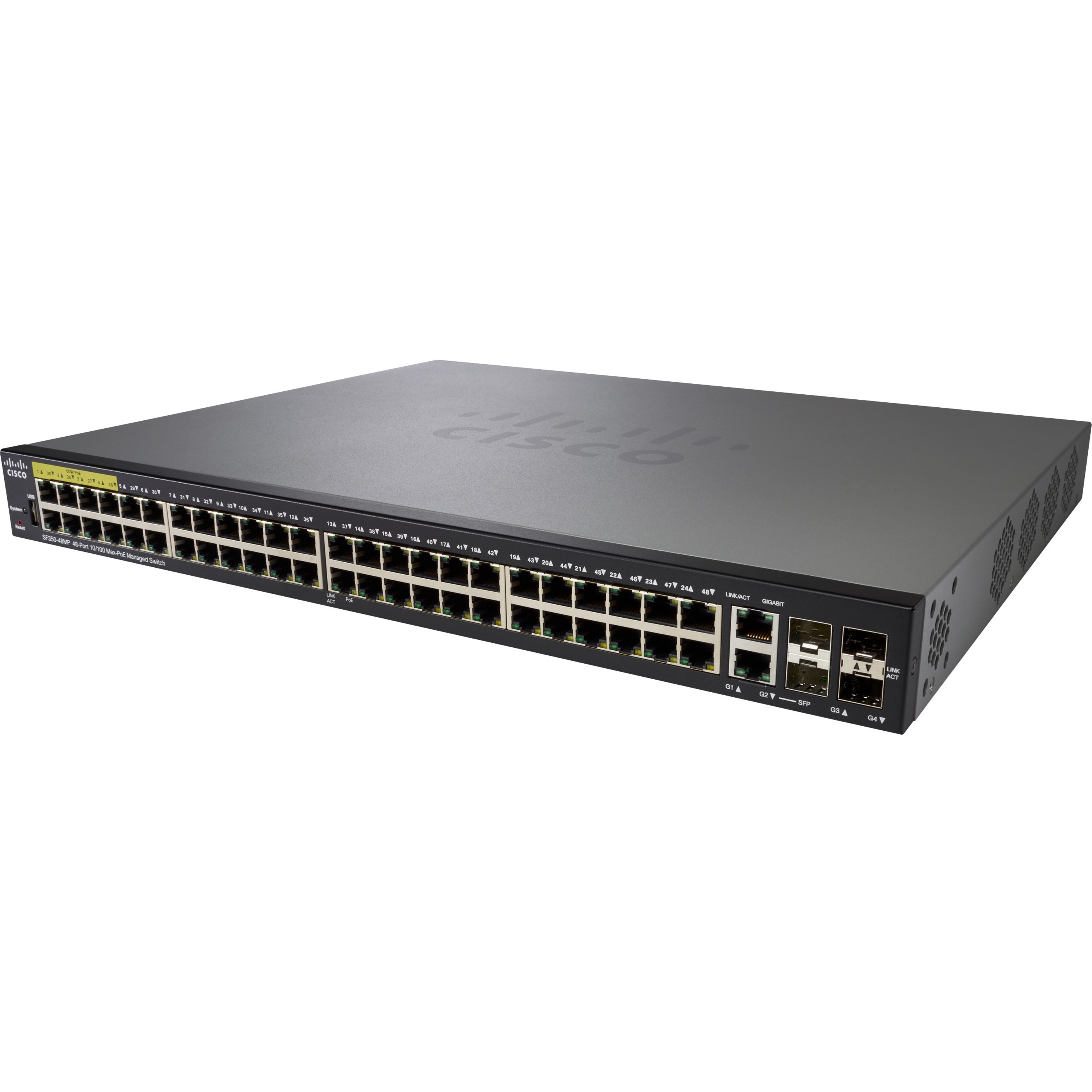 Cisco SF350-48MP 48-Port 10 100 PoE Managed Switch - 48 Ports - Manageable - Gigabit Ethernet, Fast Ethernet - 10/100Base-TX, 1000Base-X, 10/100/1000Base-TX - 3 Layer Supported - Modular - 4 SFP Slots