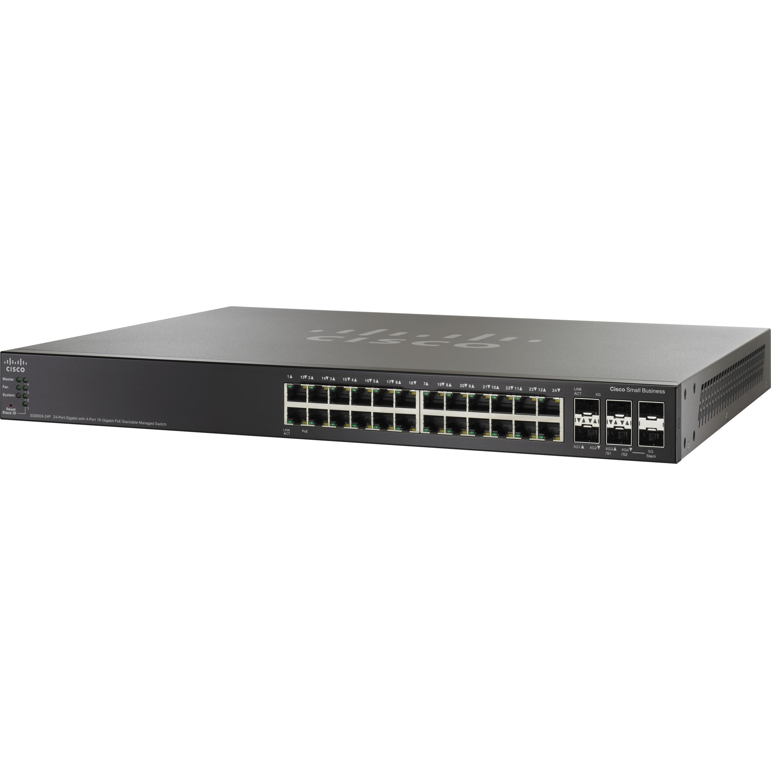 Cisco SG500X-24P 24P GB POE with 4Port 10GB Stackable Managed Switch - 24 Ports - Manageable - Gigabit Ethernet, 5 Gigabit Ethernet - 10/100/1000Base-T - Refurbished - 3 Layer Supported - Modular - 2 