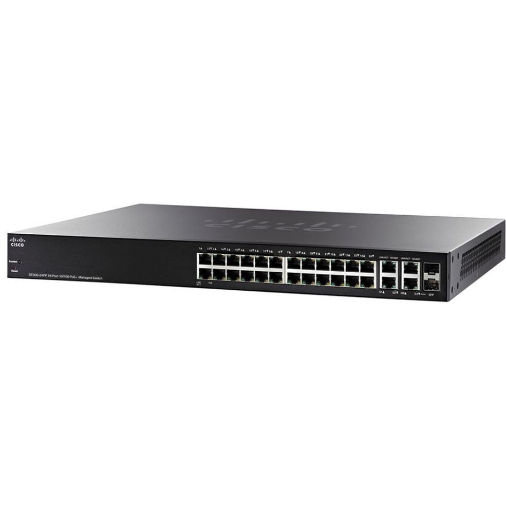 Cisco SF300-24PP 24-port 10 100 PoE+ Managed Switch with Gig Uplinks - 24 Ports - Manageable - Gigabit Ethernet - 10/100/1000Base-T - 3 Layer Supported - Modular - 2 SFP Slots - Twisted Pair, Optical 