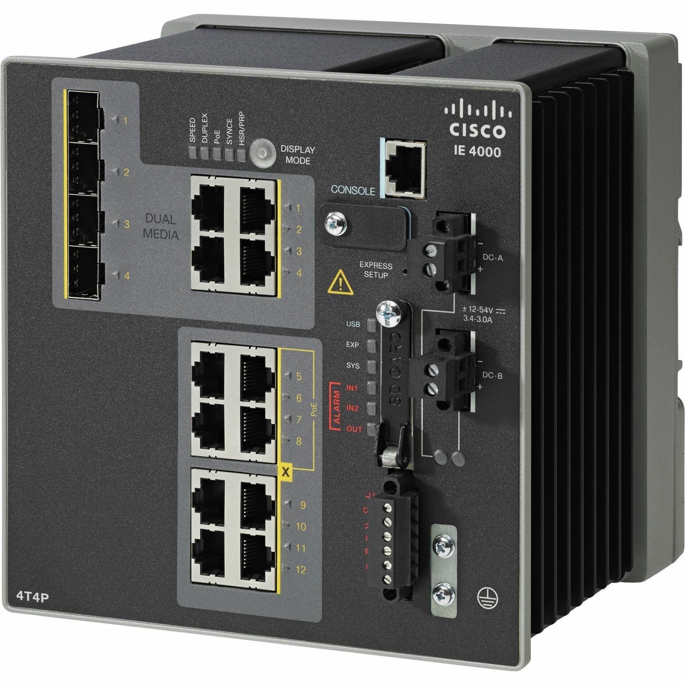 Cisco IE-4000-4T4P4G-E Layer 3 Switch - 12 Ports - Manageable - Fast Ethernet, Gigabit Ethernet - 100Base-X, 10/100/1000Base-T, 1000Base-X - 3 Layer Supported - 4 SFP Slots - 35 W Power Consumption - 