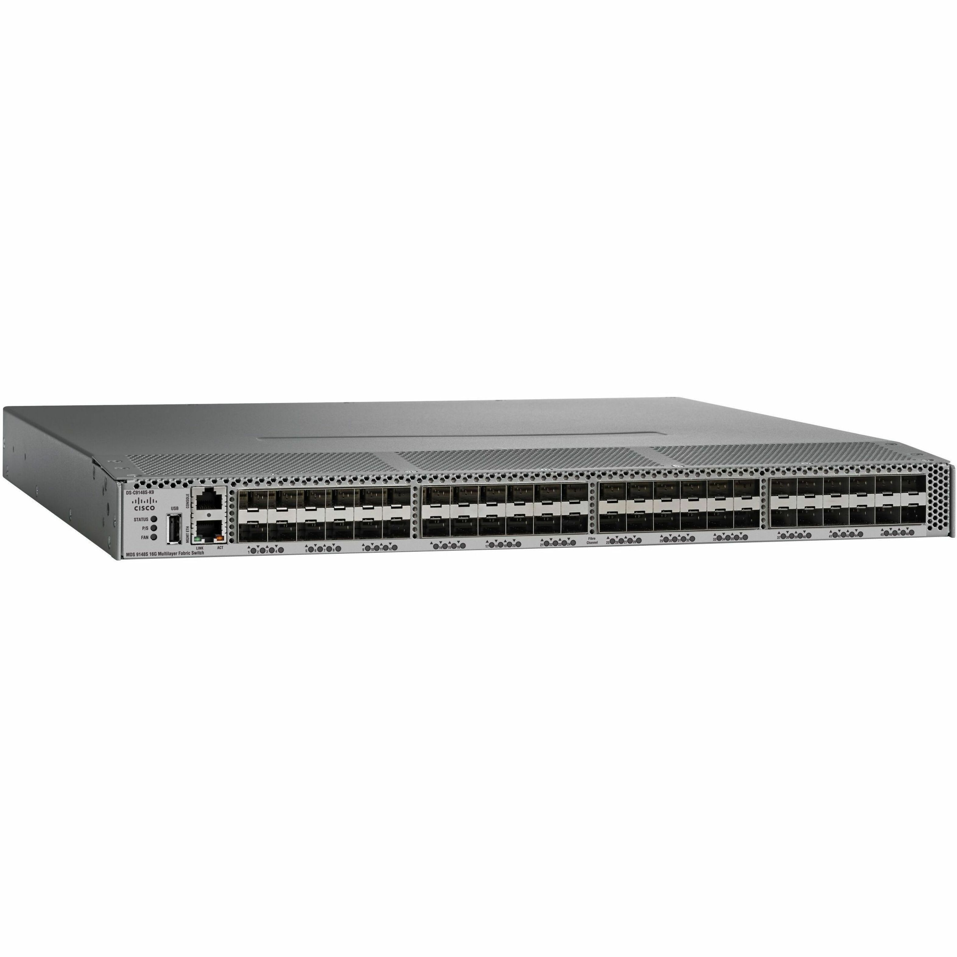 Cisco MDS 9148S Fiber Channel Switch - 48 Ports - 16 Gbit/s - 12 Fiber Channel Ports - Gigabit Ethernet - 36 x Total Expansion Slots - SFP+ - 36 x SFP+ Slots - Manageable - Rack-mountable - 1U - Refur