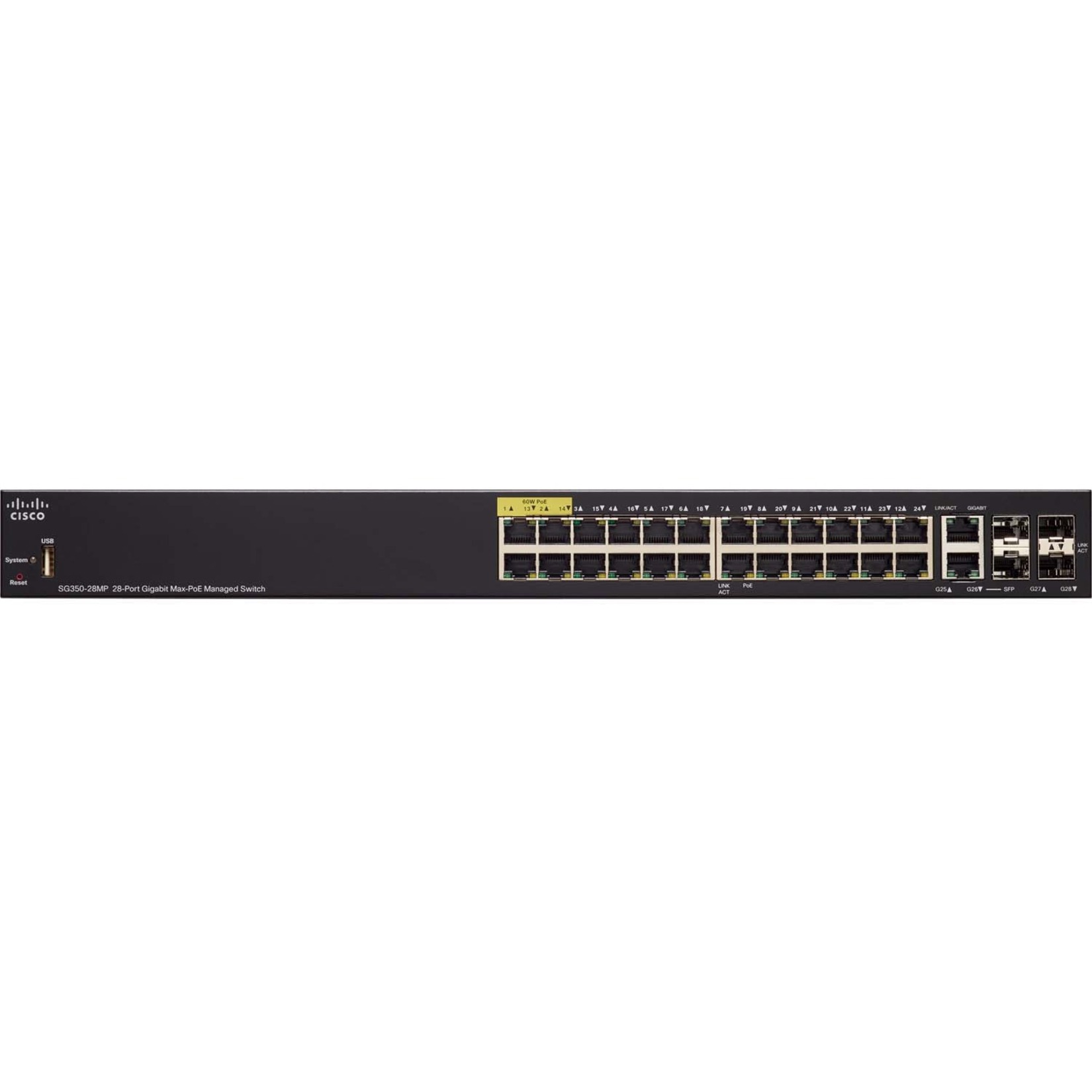 Cisco SG350-28MP Ethernet Switch - 24 Ports - Manageable - Gigabit Ethernet - 1000Base-T, 1000Base-X - 3 Layer Supported - Modular - 4 SFP Slots - 42.10 W Power Consumption - 382 W PoE Budget - Twiste