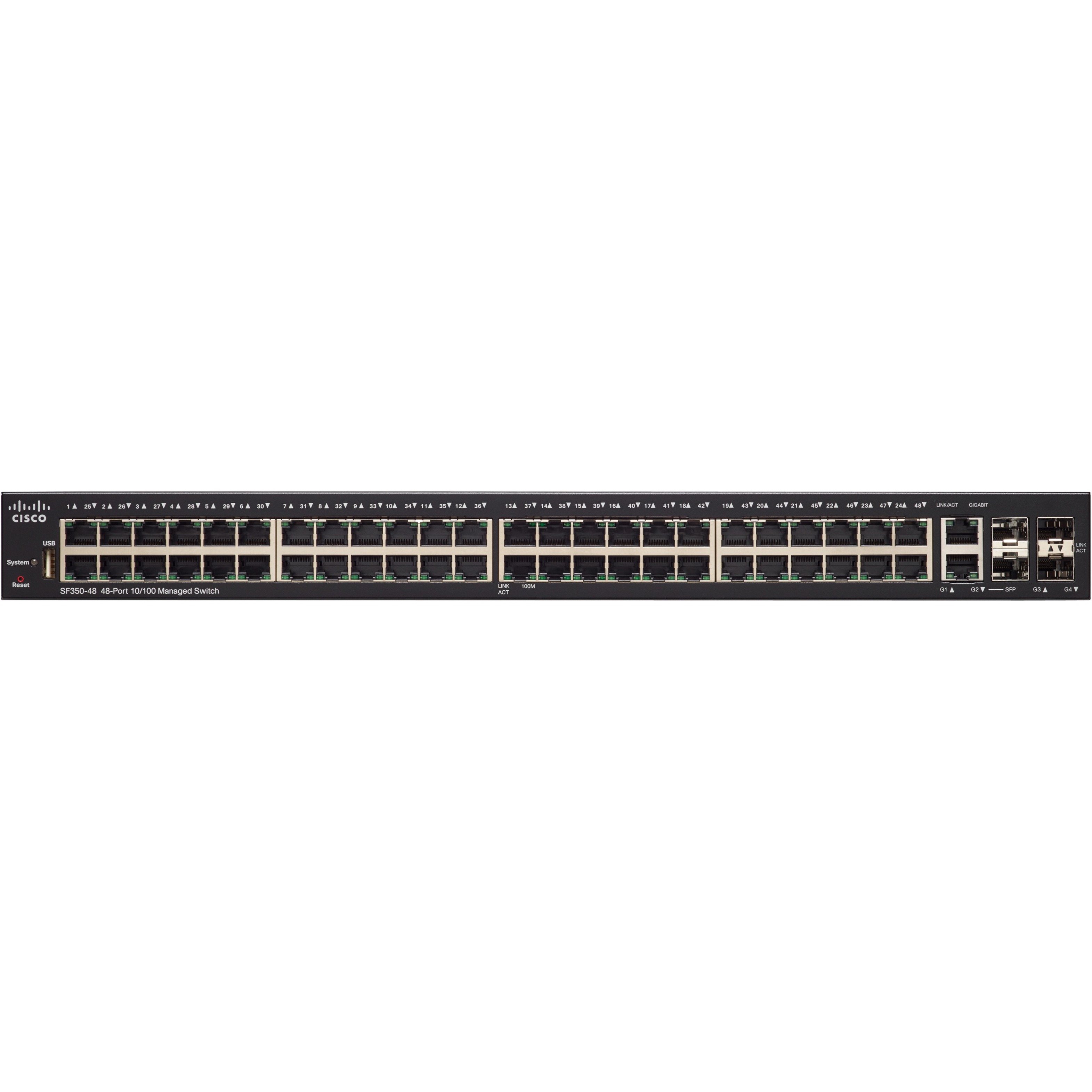Cisco SF350-48 Ethernet Switch - 50 Ports - Manageable - Gigabit Ethernet, Fast Ethernet - 10/100/1000Base-T, 1000Base-X, 10/100Base-T - 3 Layer Supported - Modular - 4 SFP Slots - 24.20 W Power Consu