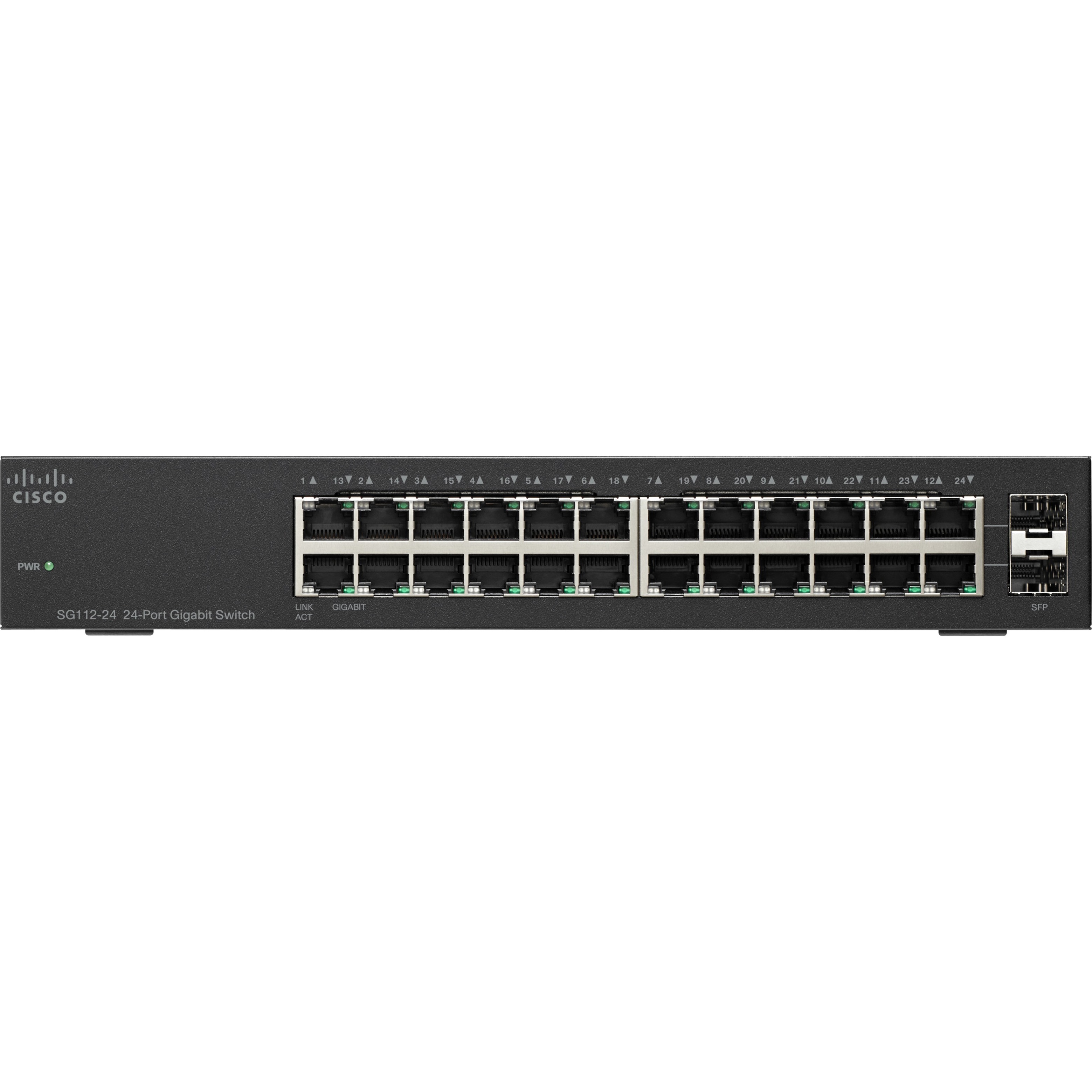 Cisco SG112-24 COMPACT 24-port Gig Switch-2 Mini-GBIC Ports - 26 Ports - Gigabit Ethernet - 10/100/1000Base-T, 1000Base-X - Refurbished - 2 Layer Supported - Modular - 2 SFP Slots - Twisted Pair, Opti