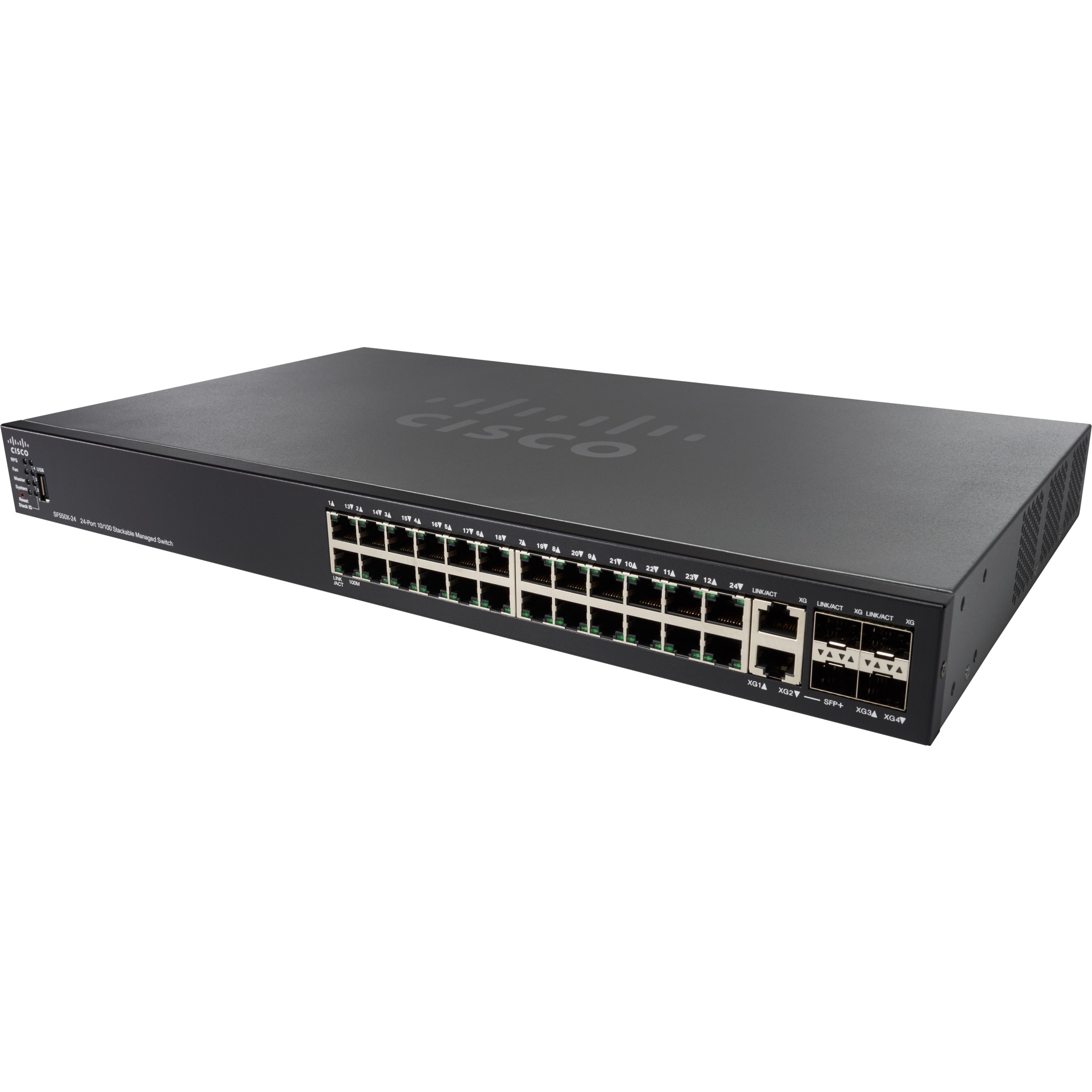 Cisco SF550X-24MP Layer 3 Switch - 26 Ports - Manageable - Fast Ethernet - 10/100Base-T - Refurbished - 3 Layer Supported - Modular - 452 W Power Consumption - Twisted Pair, Optical Fiber - Rack-mount