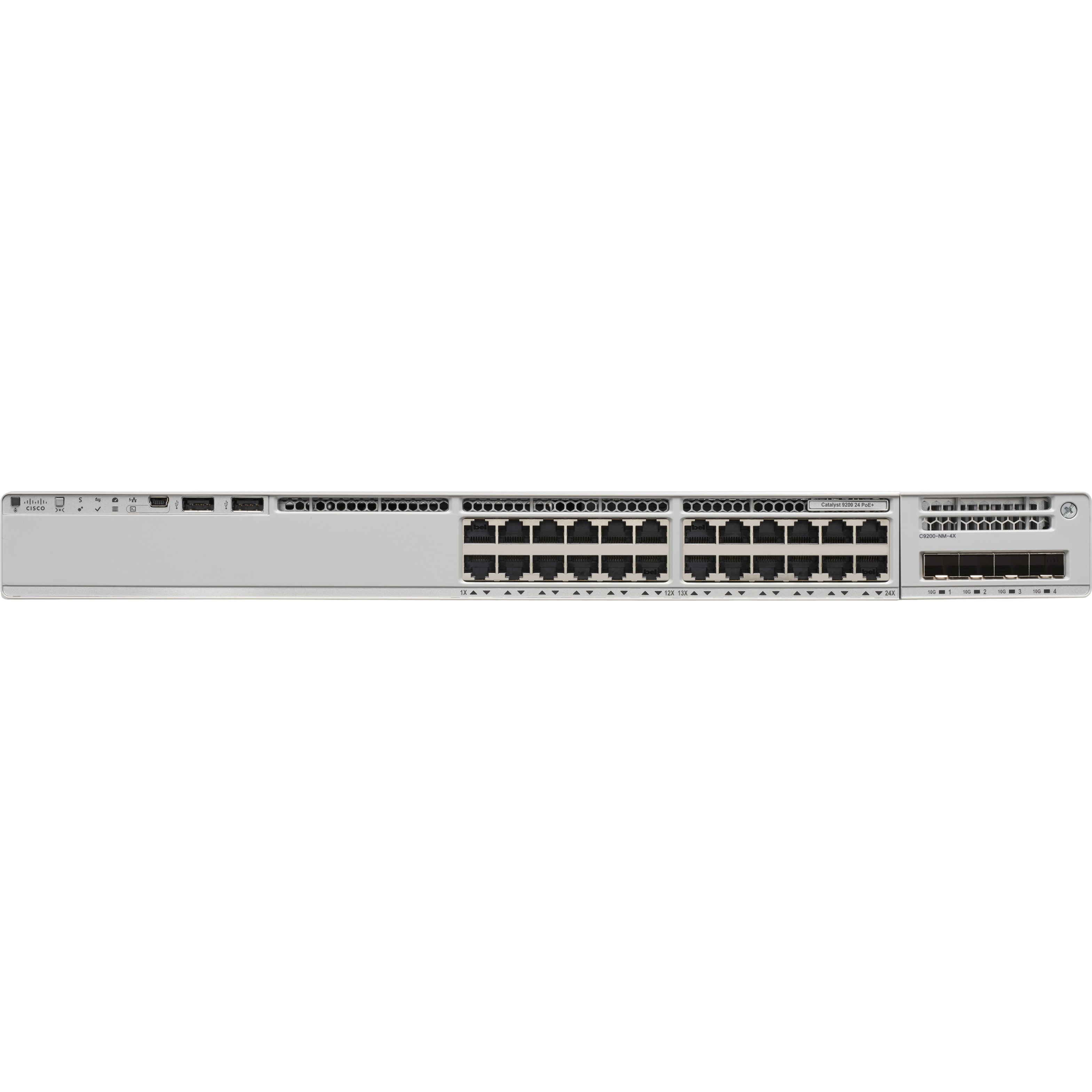 Cisco Catalyst 9200 24-port PoE+ Switch. Network Essentials - 24 Ports - Manageable - Gigabit Ethernet, 10 Gigabit Ethernet - 10/100/1000Base-T, 10GBase-X - 3 Layer Supported - Modular - Twisted Pair,