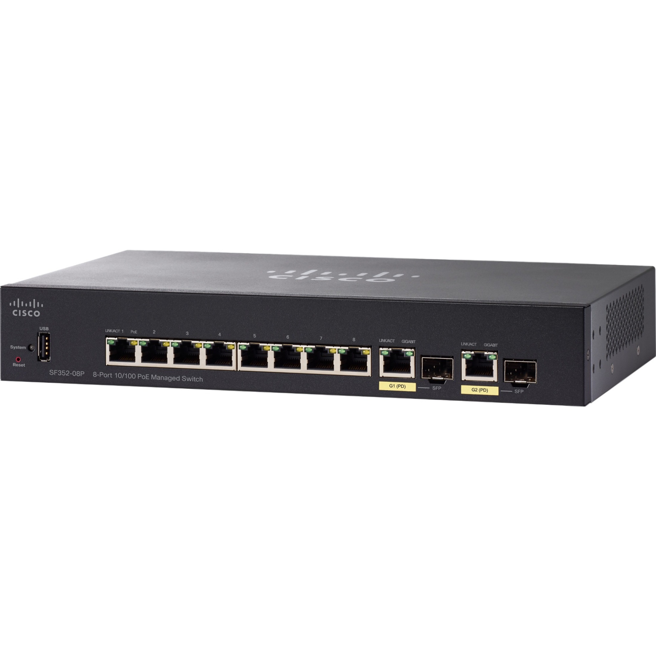 Cisco SF352-08P 8-Port 10 100 POE Managed Switch - 8 Ports - Manageable - Gigabit Ethernet - 1000Base-X - Refurbished - 3 Layer Supported - Modular - 2 SFP Slots - Twisted Pair, Optical Fiber - Rack-m