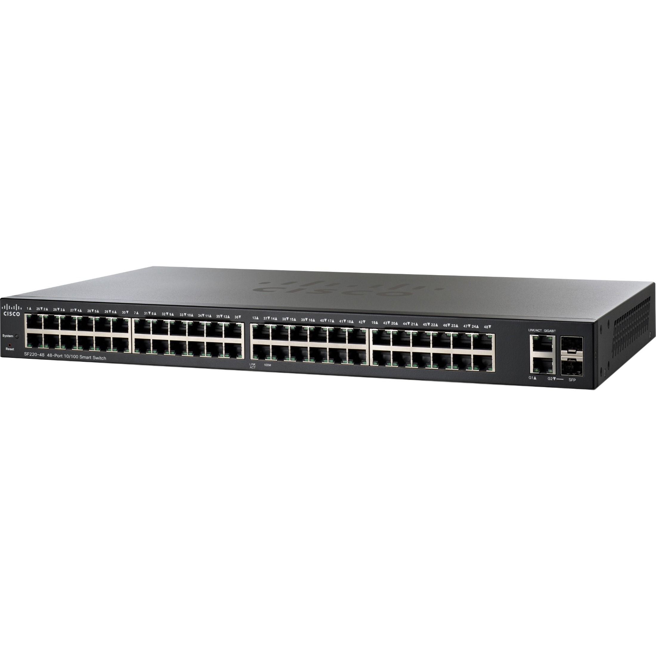 Cisco SF220-48 48-Port 10/100 Smart Plus Switch - 48 Ports - Manageable - 10/100Base-TX, 10/100/1000Base-T, 1000Base-X - Refurbished - 2 Layer Supported - Modular - 2 SFP Slots - Twisted Pair, Optical