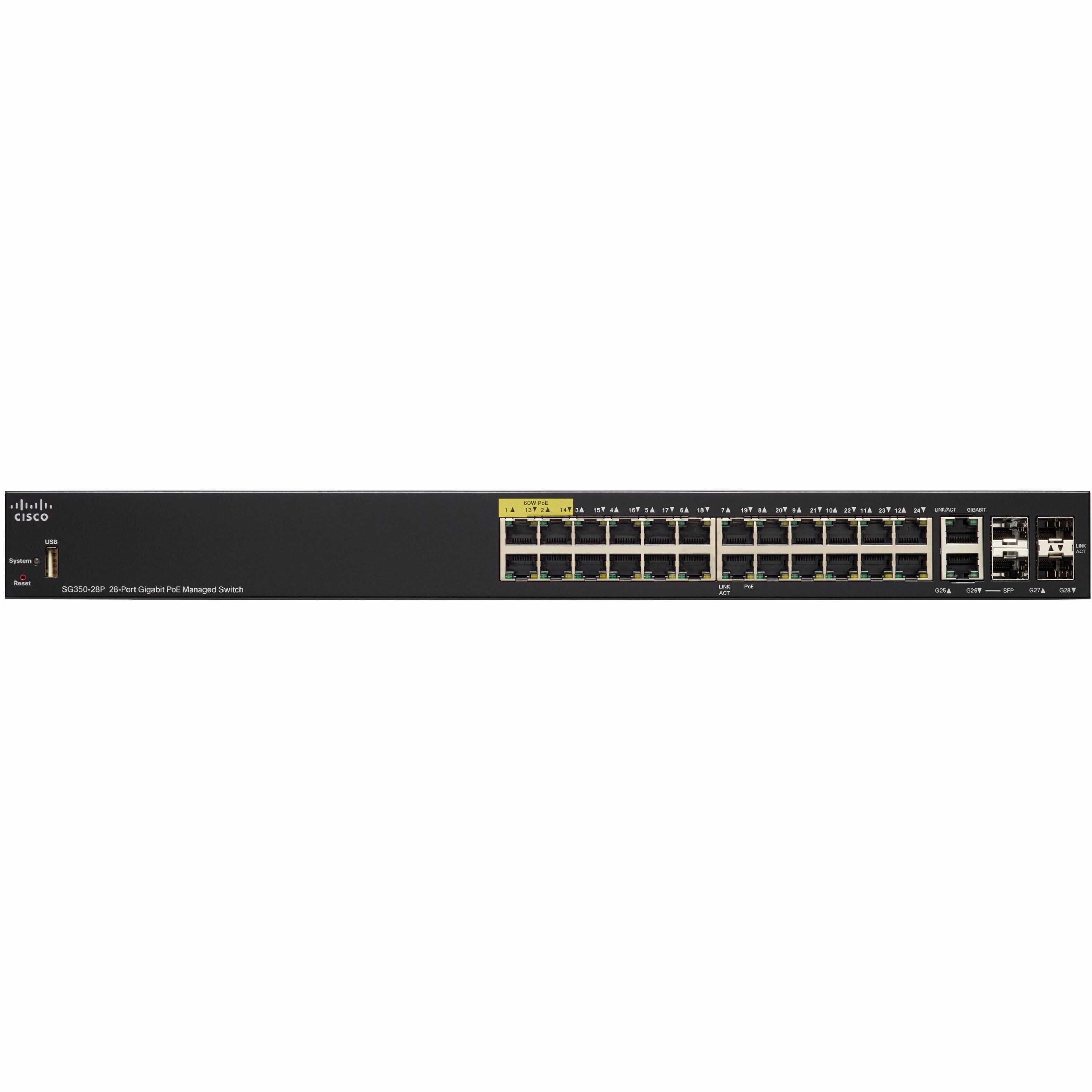 Cisco SG350-28P Ethernet Switch - 28 Ports - Manageable - Gigabit Ethernet - 1000Base-X, 1000Base-T - 3 Layer Supported - Modular - 4 SFP Slots - 36.90 W Power Consumption - 195 W PoE Budget - Twisted