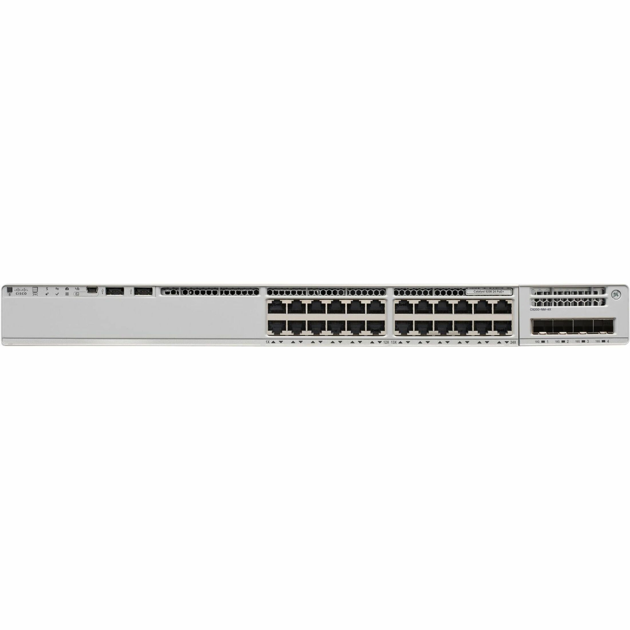 Cisco Catalyst 9200 24-port PoE+ Switch. Network Essentials - 24 Ports - Manageable - Gigabit Ethernet, 10 Gigabit Ethernet - 10/100/1000Base-T, 10GBase-X - 3 Layer Supported - Modular - 446.27 W Powe