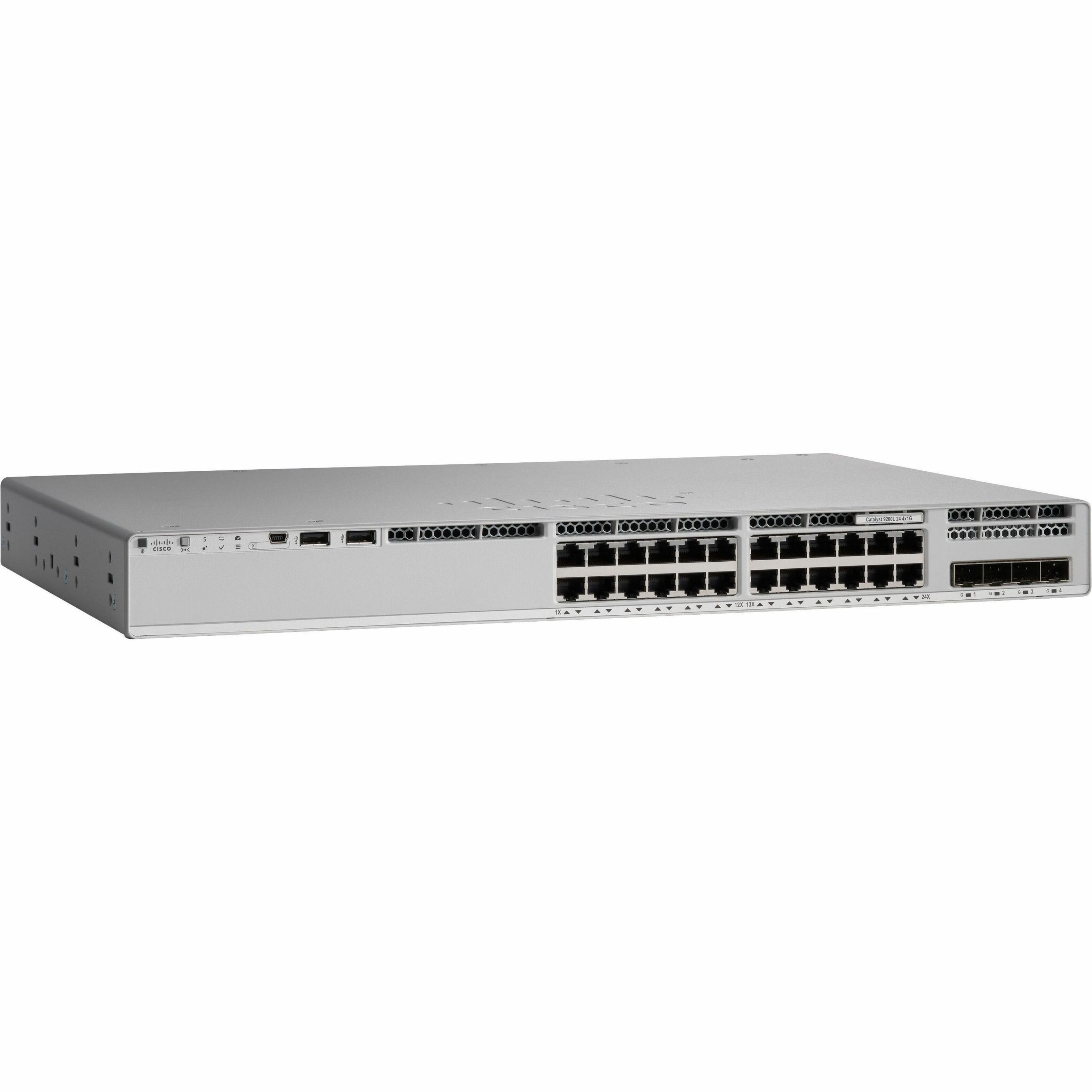 Cisco Catalyst 9200 C9200L-24T-4G Layer 3 Switch - 24 Ports - Manageable - Gigabit Ethernet - 10/100/1000Base-T, 1000Base-X - 3 Layer Supported - Modular - 4 SFP Slots - 125 W Power Consumption - Twis