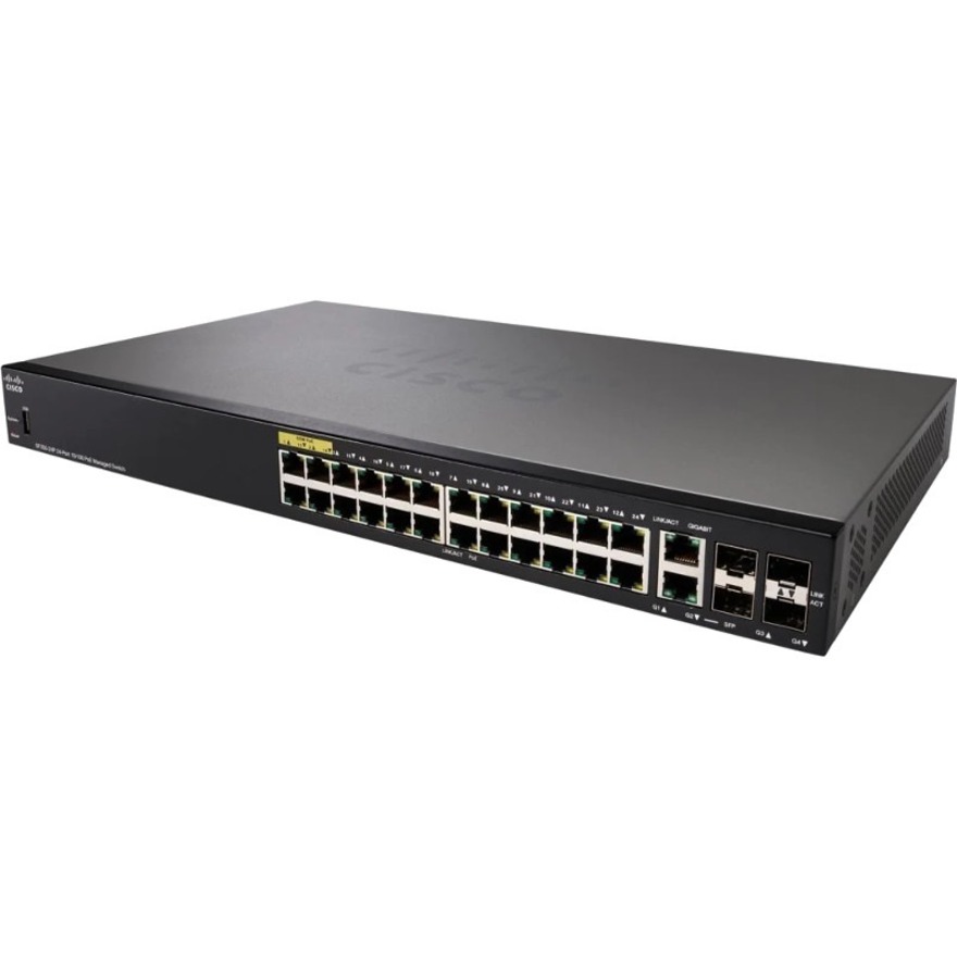 Cisco SF350-24P 24-Port 10 100 POE Managed Switch - 24 Ports - Manageable - Fast Ethernet - 10/100Base-T - Refurbished - 3 Layer Supported - Twisted Pair - PoE Ports - Rack-mountable - Lifetime Limite