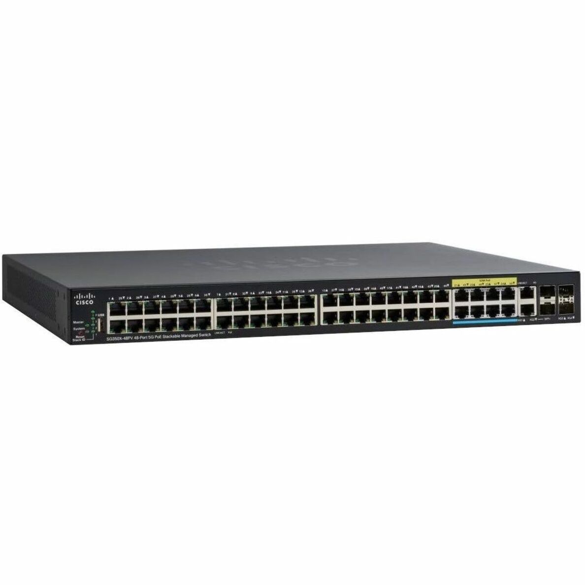 Cisco SG350X-48PV Ethernet Switch - 48 Ports - Manageable - Gigabit Ethernet, 5 Gigabit Ethernet, 10 Gigabit Ethernet - 10/100/1000Base-T, 10GBase-X, 10GBase-T, 5GBase-T - 3 Layer Supported - Modular 