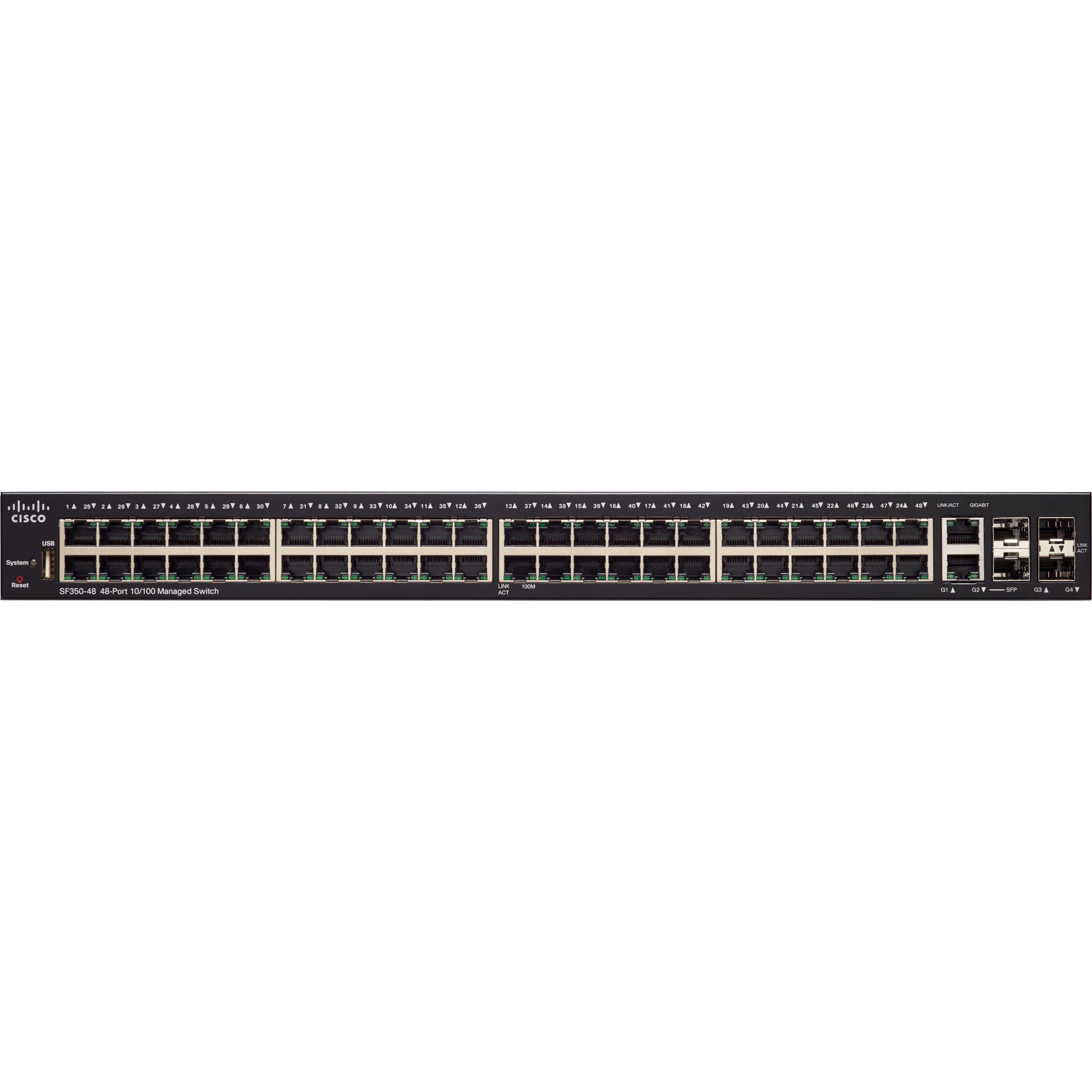 Cisco SF350-48 Ethernet Switch - 50 Ports - Manageable - Gigabit Ethernet, Fast Ethernet - 10/100/1000Base-T, 10/100Base-T, 1000Base-X - 3 Layer Supported - Modular - 4 SFP Slots - 24.20 W Power Consu